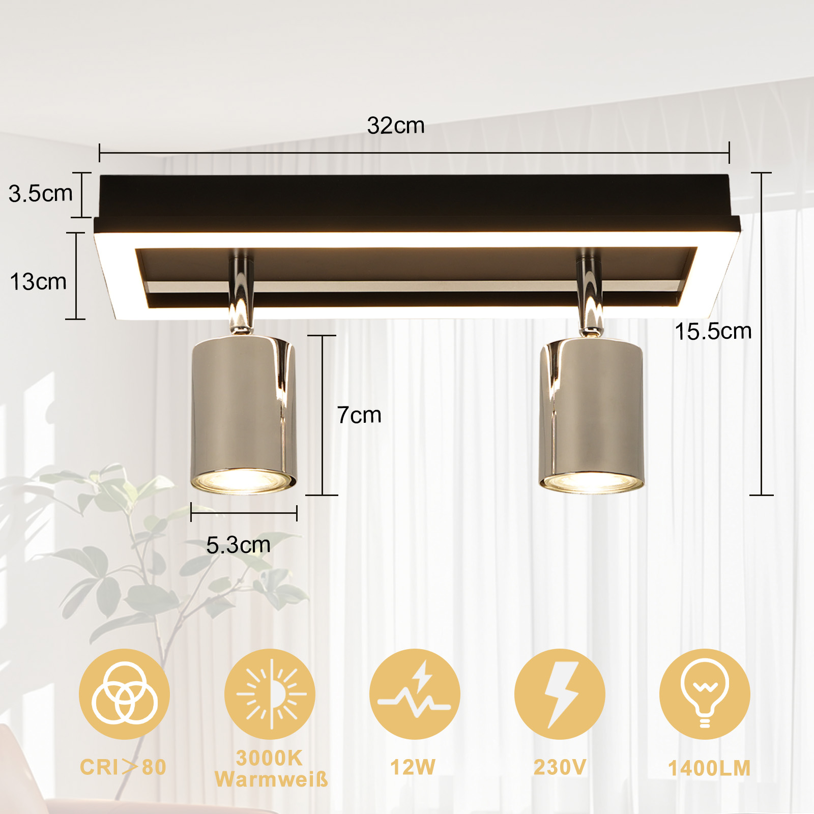 Czarno-srebrne światło z dwoma reflektorami, pokazujące wymiary i specyfikacje.