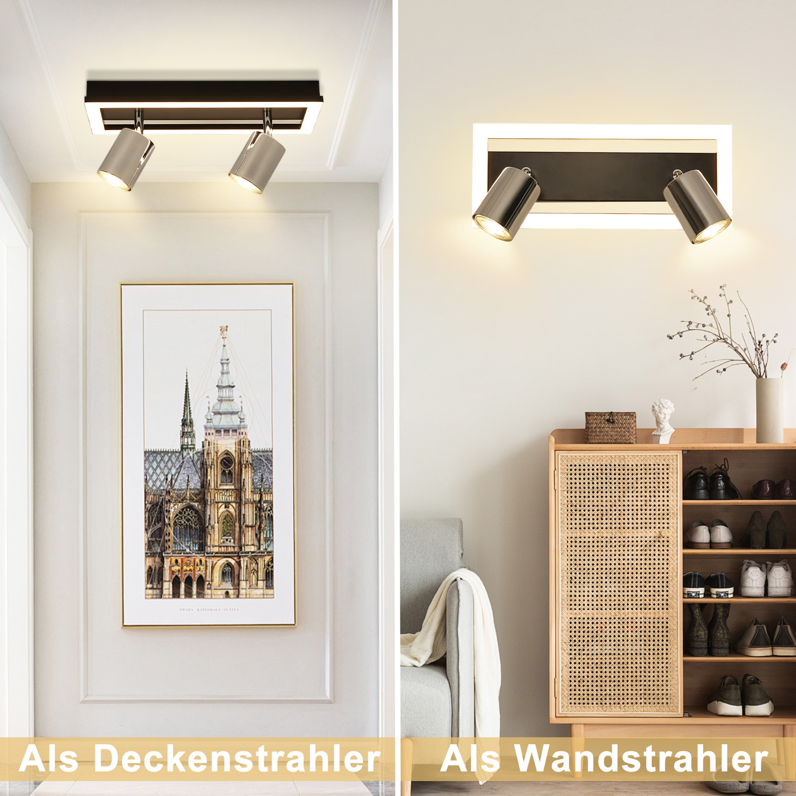 Obrazy pokazujące sufitowe i ścienne srebrne światła z dwoma reflektorami.