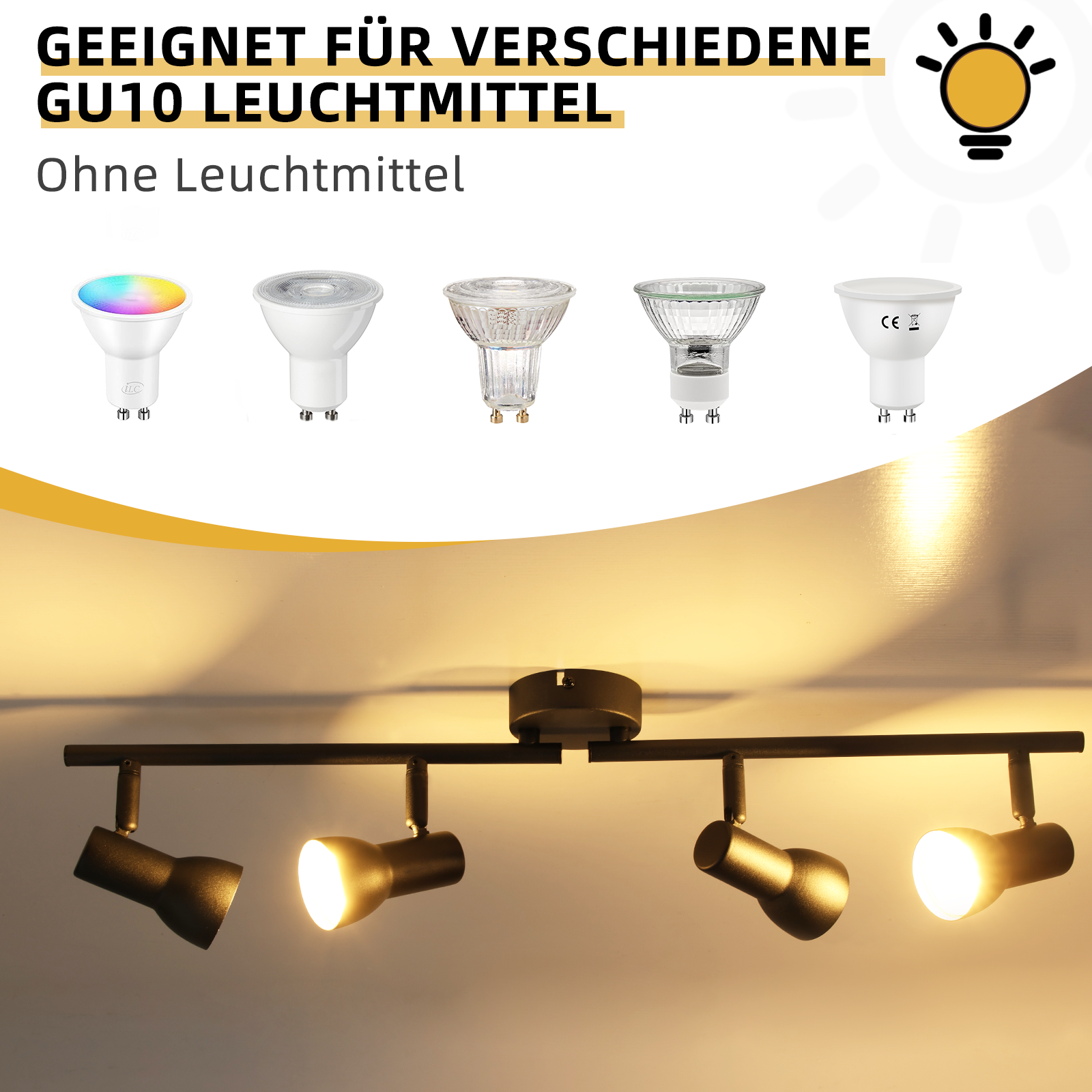 Obraz przedstawia czarną lampę szynową z czterema reflektorami i różnymi typami żarówek.