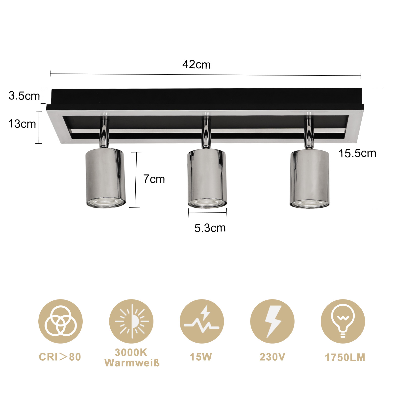 Diagram pokazujący wymiary trzypunktowej oprawy oświetleniowej w centymetrach.
