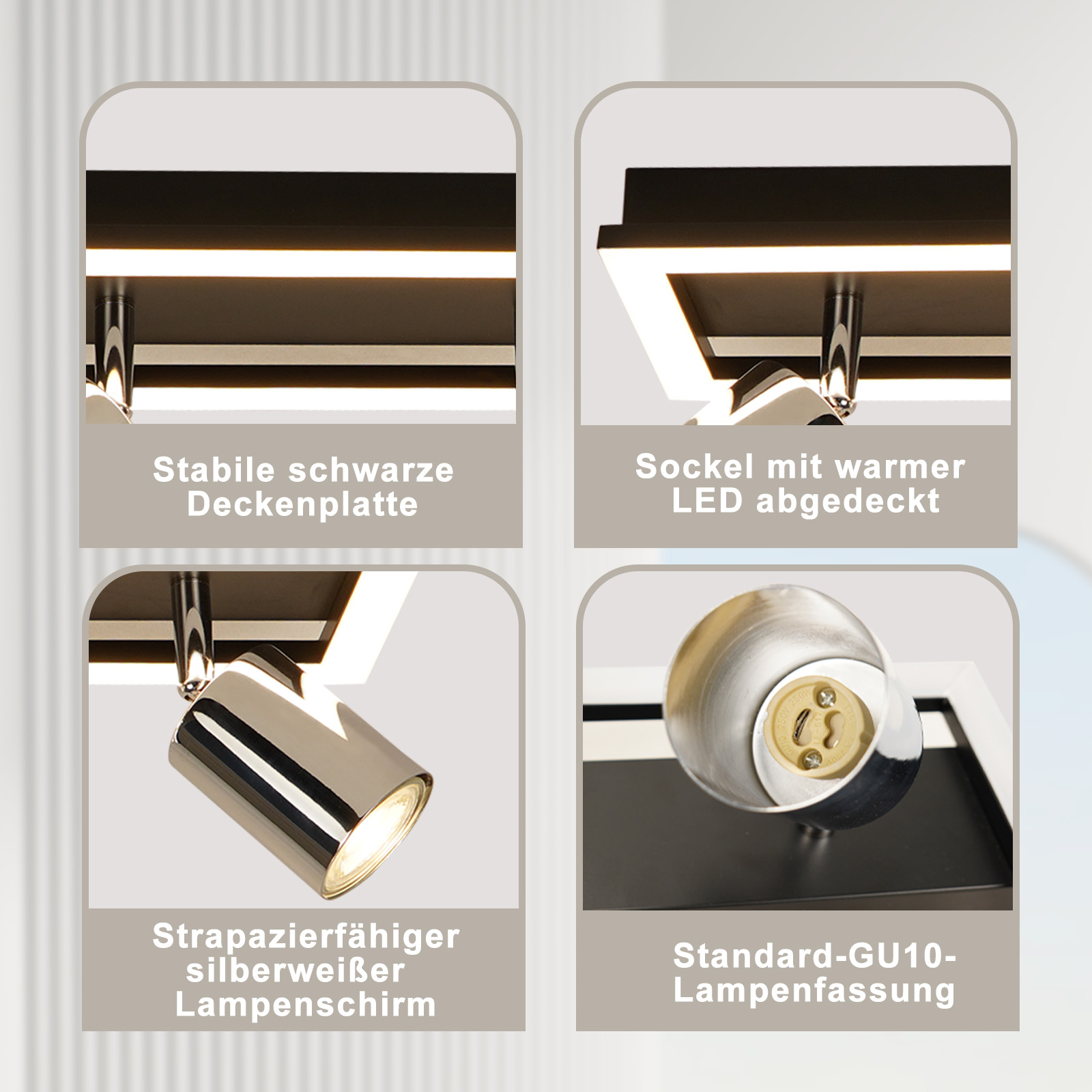 Szczegóły oprawy oświetleniowej: stabilna czarna płyta sufitowa, srebrny klosz, oprawka lampy GU10.