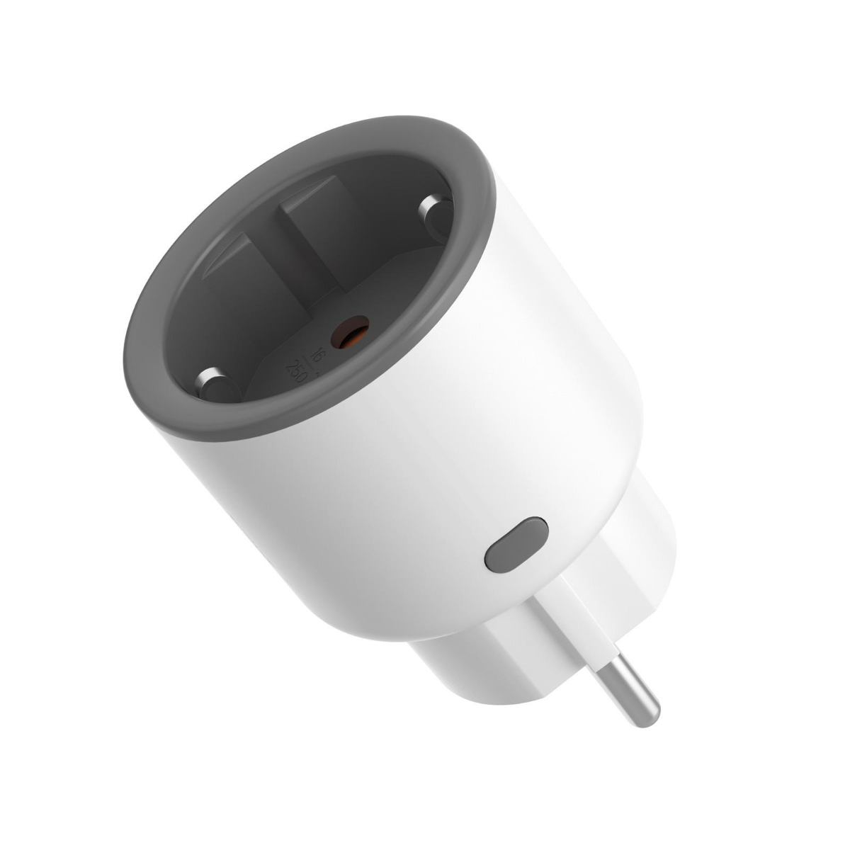Ein weißer Smart-Stecker mit grauer Umrandung, abgewinkelt, um seine Form und sein Design zu zeigen.