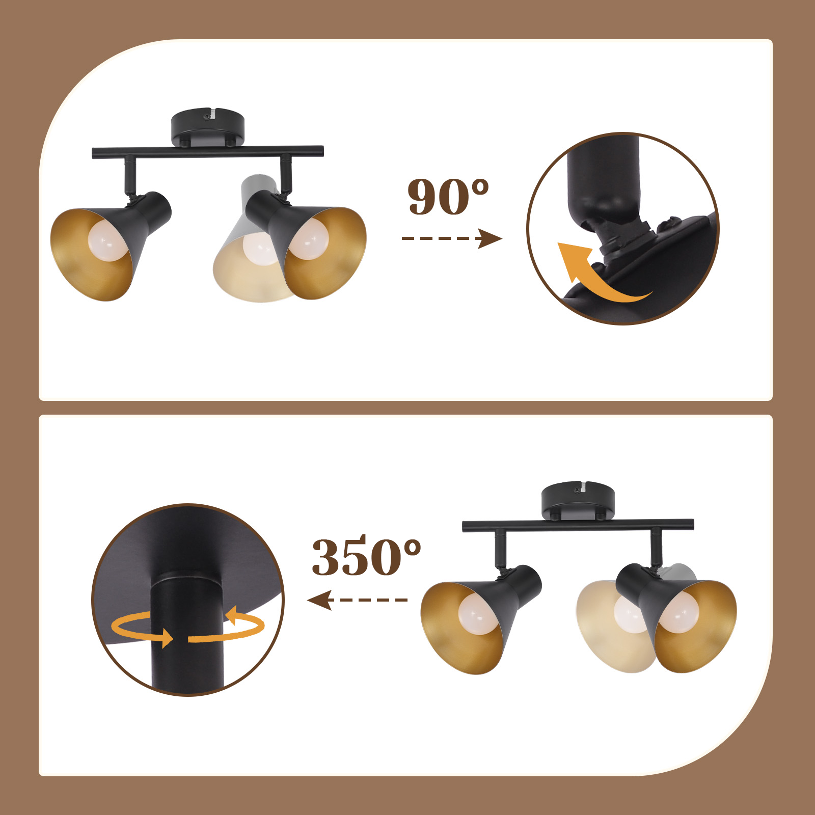 L'immagine mostra un faretto da soffitto regolabile nero e oro con due lampade, che ne dimostra le capacità di rotazione.