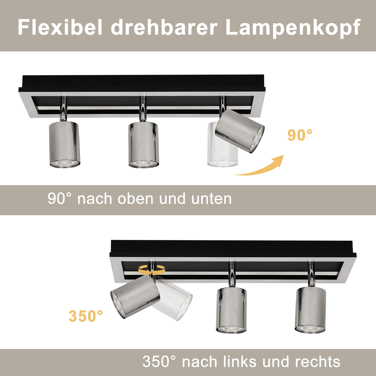L'immagine mostra un faretto da soffitto regolabile nero e cromato con tre lampade, che ne dimostra le capacità di rotazione.