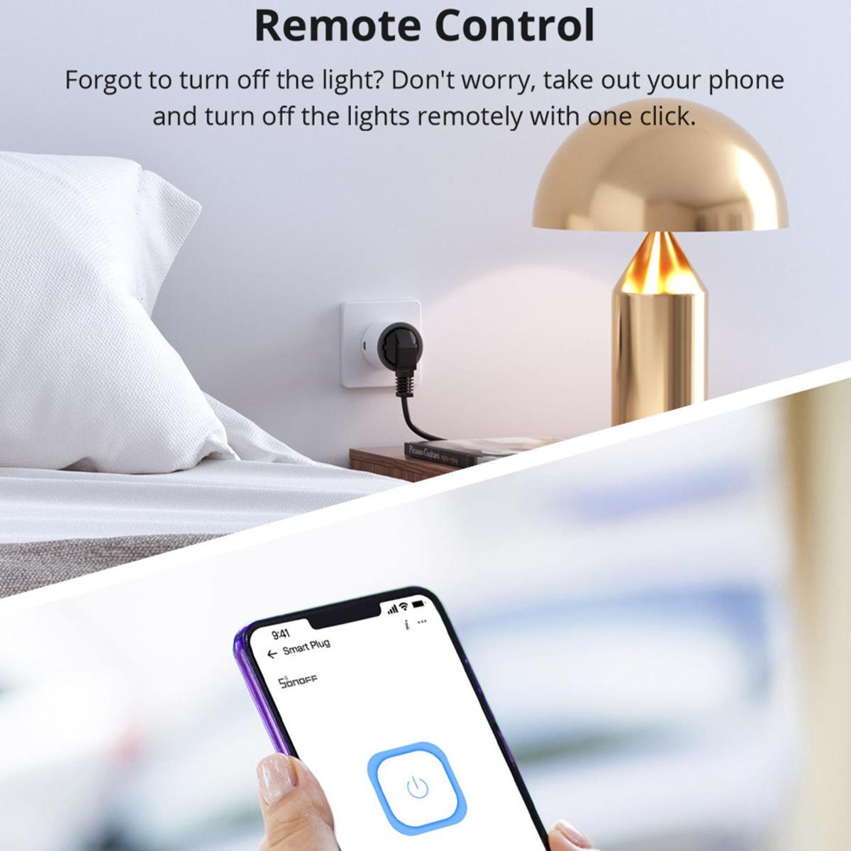 Das Bild zeigt einen Smart Plug, der per Smartphone-App ferngesteuert wird, neben einer goldenen Lampe.