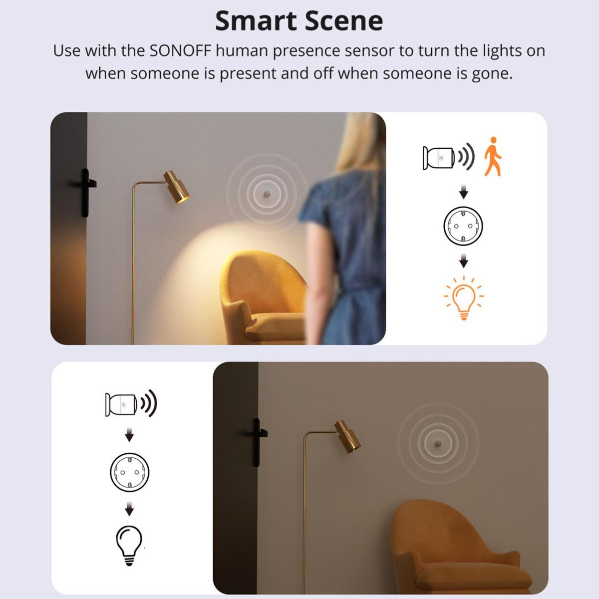 Das Bild zeigt eine Smart-Home-Szene, in der sich Lichter bei Anwesenheit einschalten und ausschalten, wenn jemand mit einem Sensor geht.