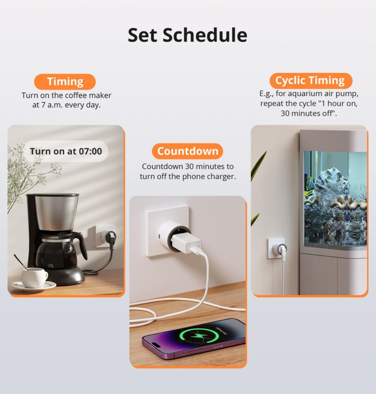 Das Bild zeigt einen Smart-Plug-Zeitplan mit Timern für eine Kaffeemaschine, ein Telefonladegerät und eine Aquarienluftpumpe.
