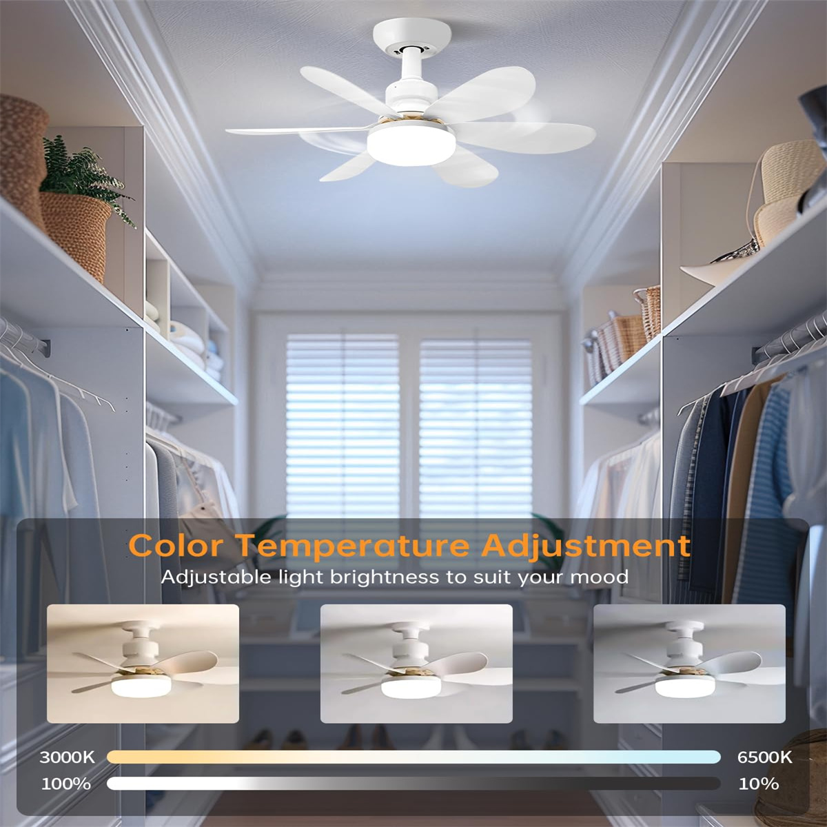 Das Bild zeigt einen weißen Deckenventilator mit Licht, der die Farbtemperaturanpassung mit 3000K- und 6500K-Optionen anzeigt.