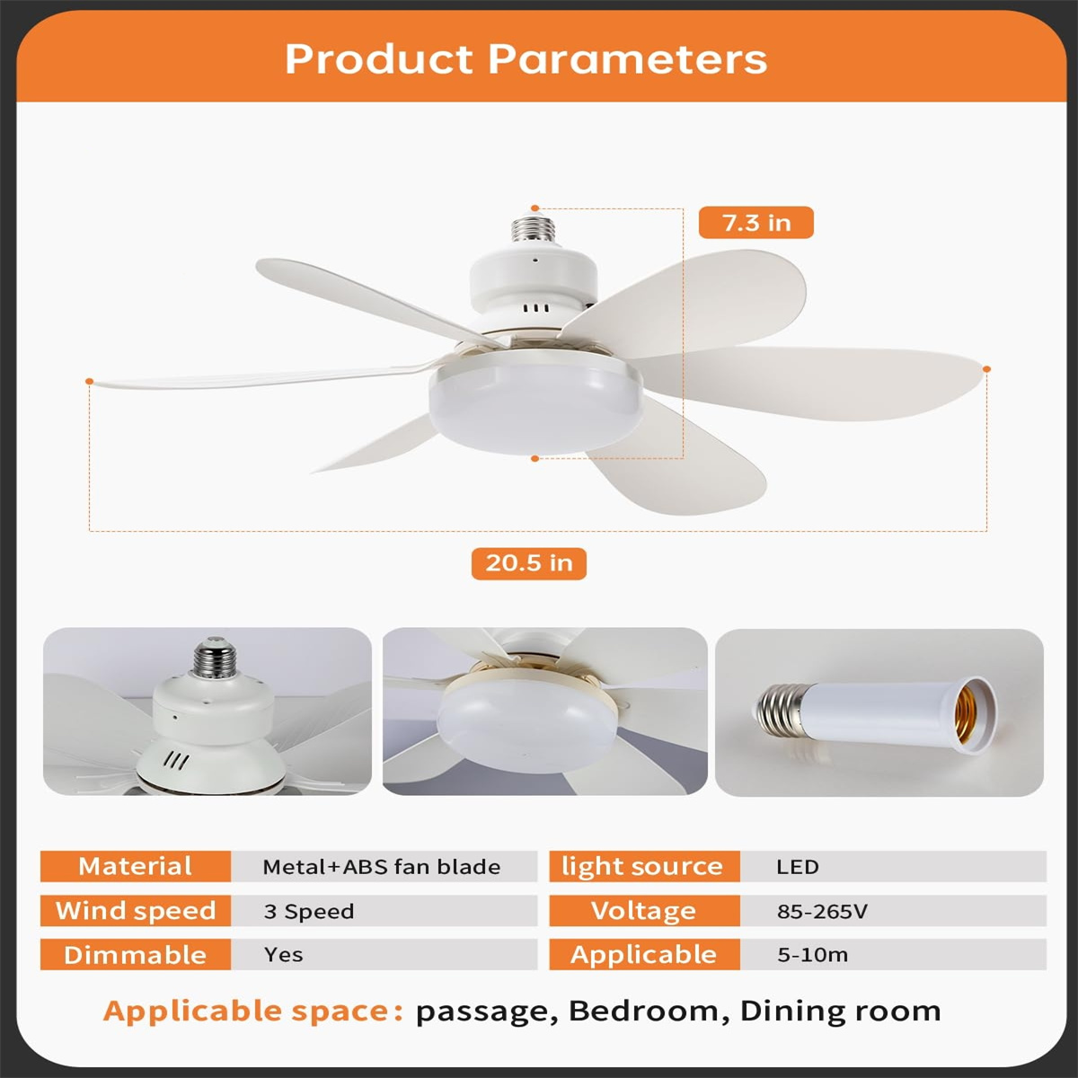 Das Bild zeigt Produktparameter eines weißen Deckenventilators mit Licht, einschließlich Größe, Material, Windgeschwindigkeit und Lichtquelle.