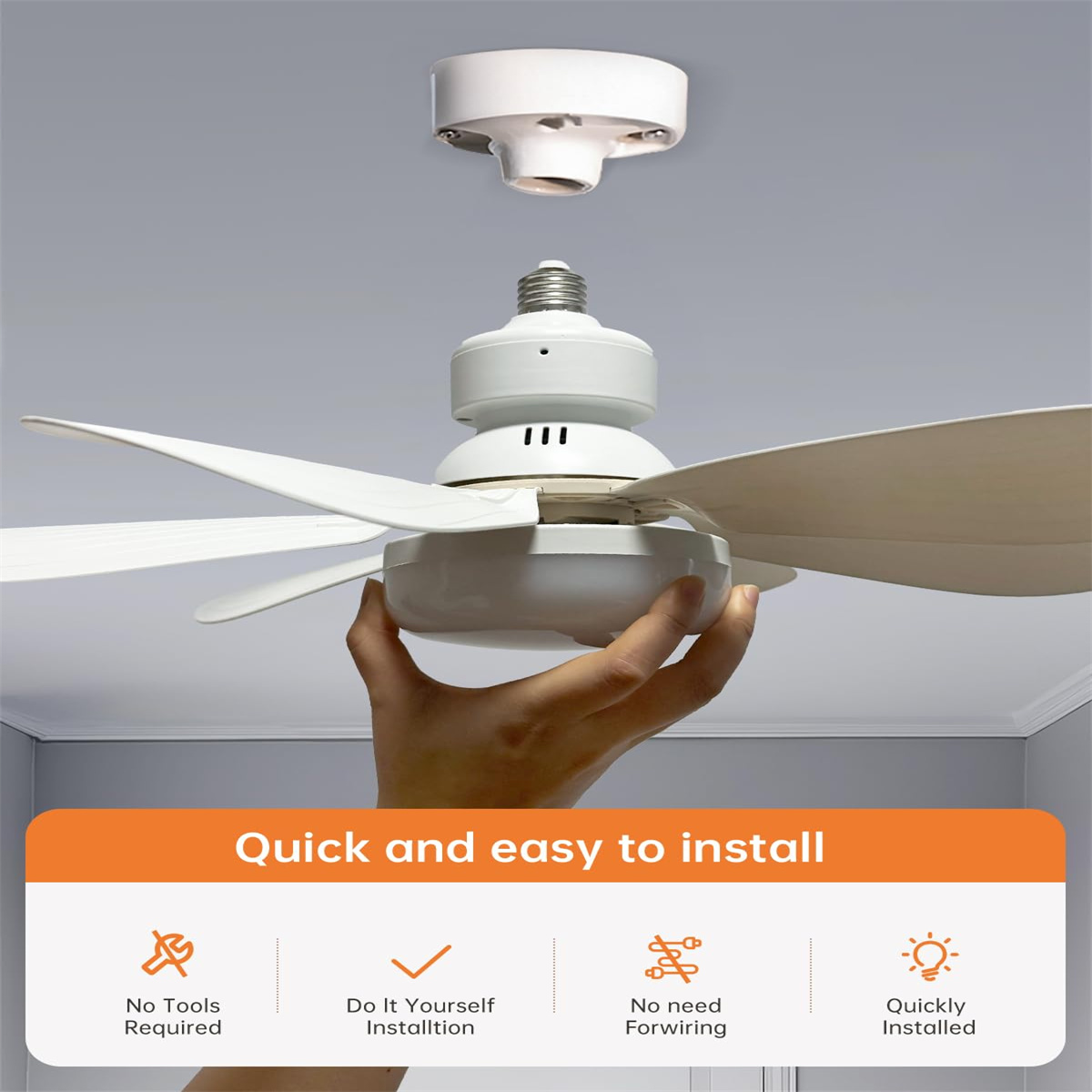 Das Bild zeigt die Installation eines Deckenventilators und hebt den schnellen und einfachen Installationsprozess ohne Werkzeug hervor.