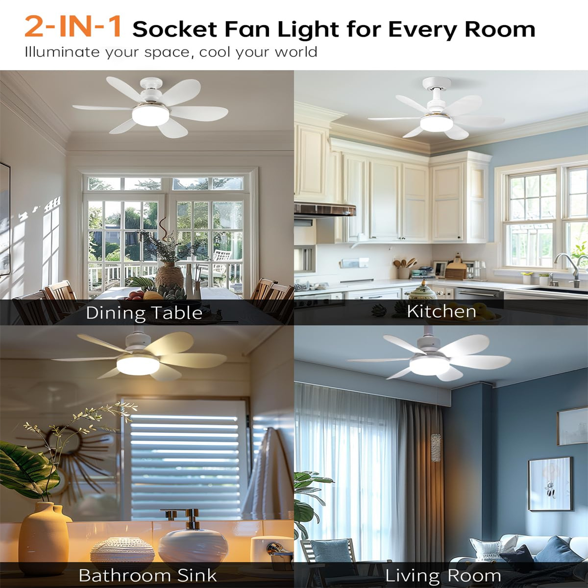 Vier Bilder zeigen Deckenventilatoren in verschiedenen Räumen: Esstisch, Küche, Bad und Wohnzimmer.