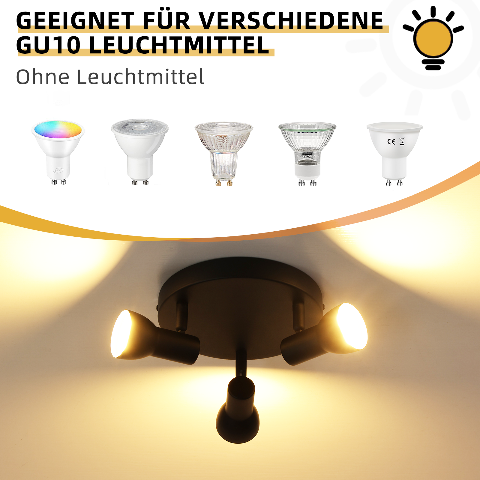 Czarna oprawa oświetleniowa sufitowa z trzema podświetlonymi reflektorami. Zawiera różne typy żarówek GU10.