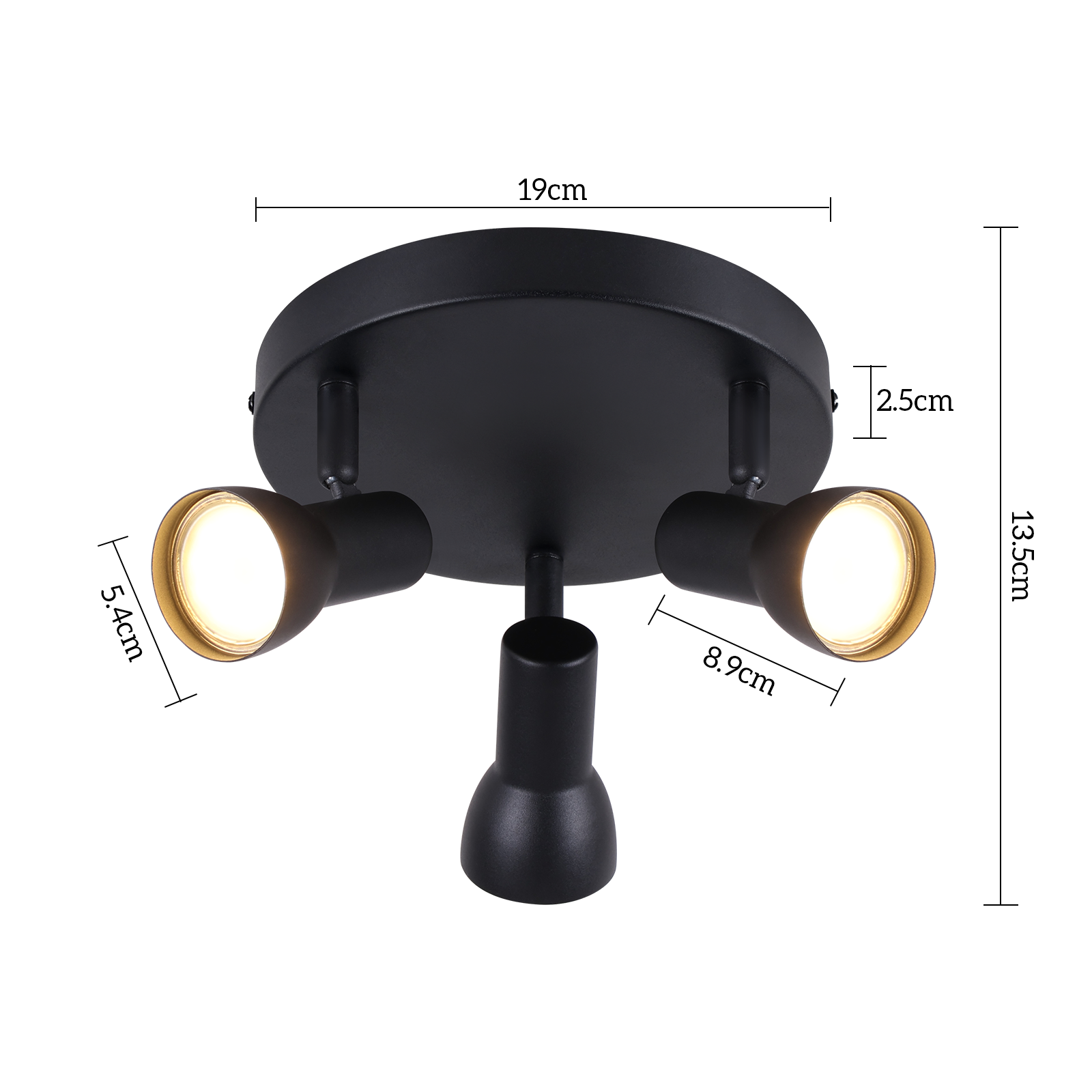 Un apparecchio per lampada da soffitto nero con tre faretti. Le dimensioni sono etichettate: 5,4 cm, 8,9 cm, 2,5 cm e 13,5 cm.