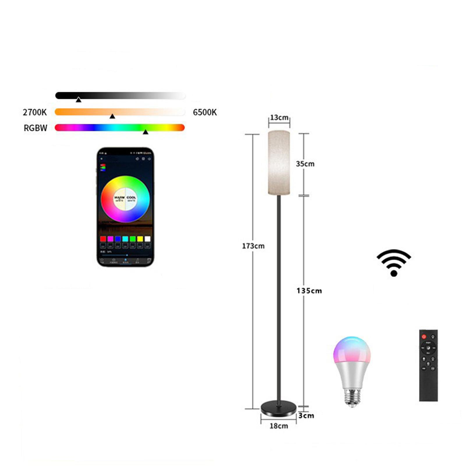 Stehlampe mit beigem Schirm, mit Maßen, Glühbirne und Fernbedienung.
