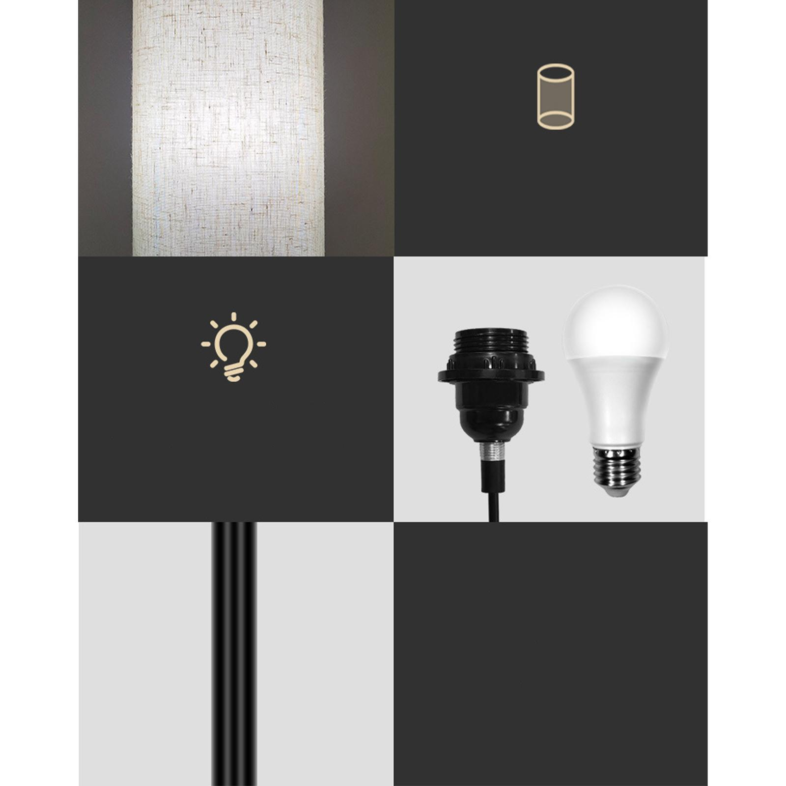 Details der Lampe mit beigem Schirm, Glühbirne und anderen Komponenten.