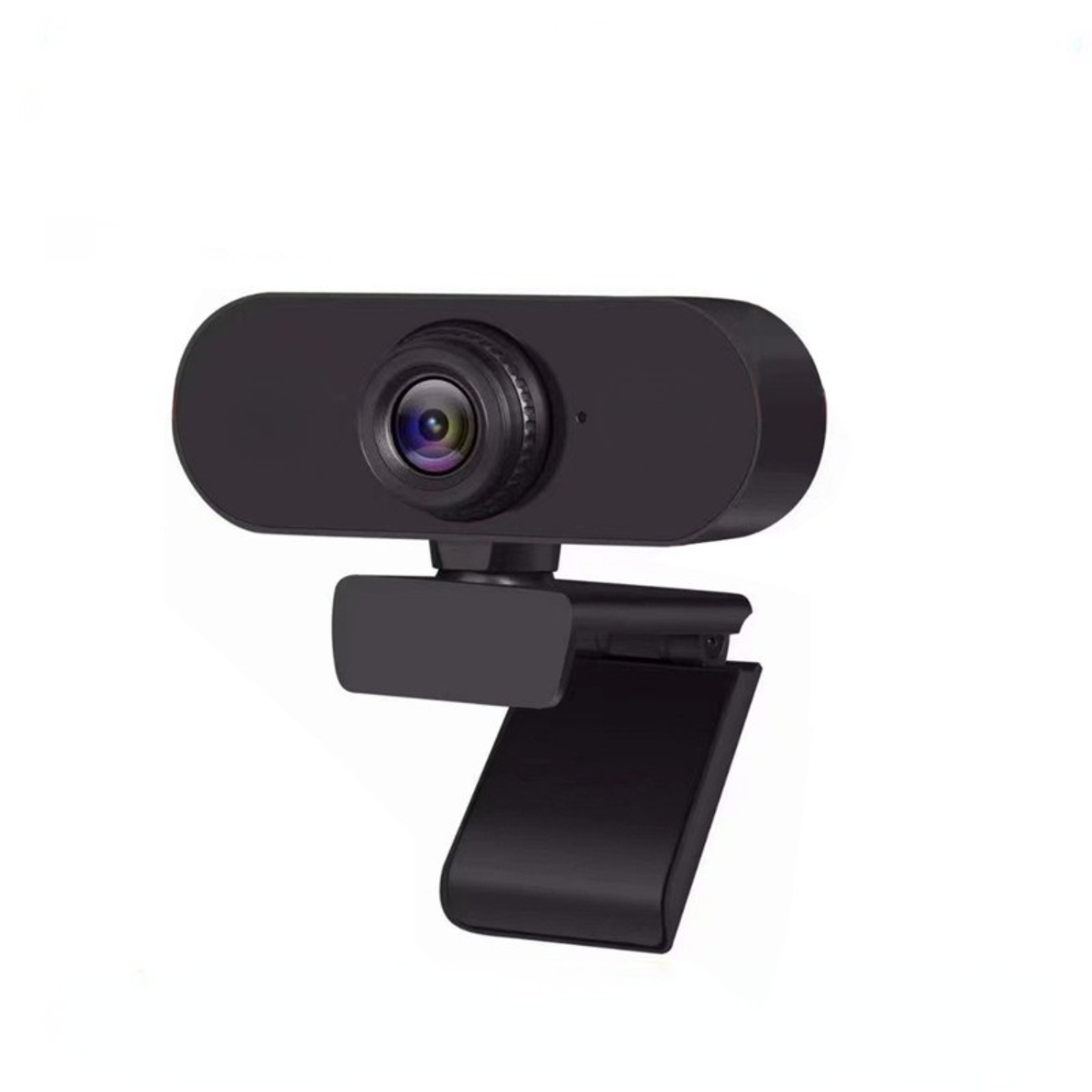Eine schwarze Webcam mit Objektiv ist auf einem schwarzen Clipständer vor einem weißen Hintergrund montiert.