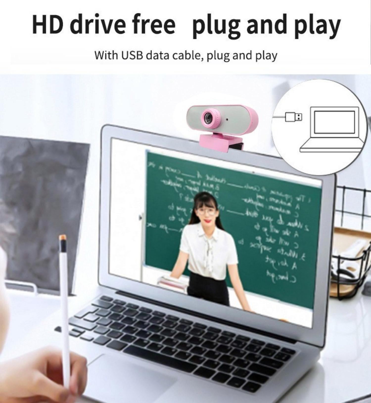 Eine rosa Webcam wird auf einem Laptop-Bildschirm angezeigt, der eine Lehrerin vor einer Tafel zeigt.