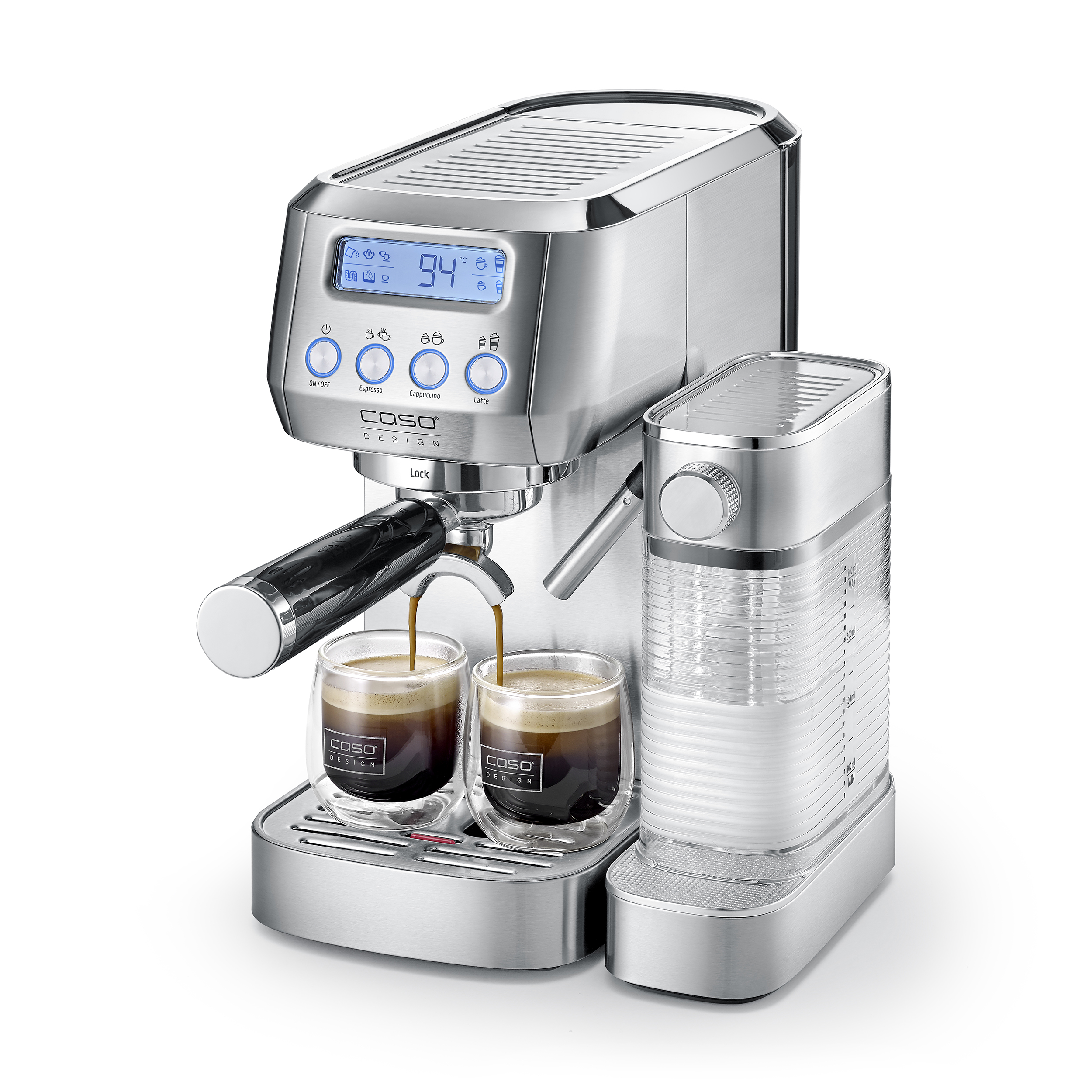 Eine Espressomaschine aus Edelstahl füllt zwei klare Gläser mit Kaffee auf einem weißen Hintergrund.