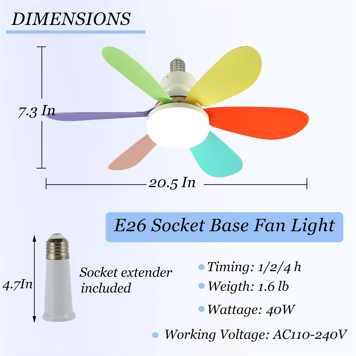 Abmessungen des Deckenventilators mit Sockel-Ventilator-Licht. Maße, Timing, Gewicht, Spannung.