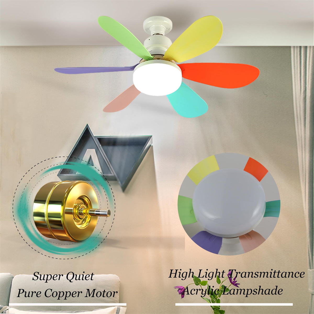 Ein Deckenventilator mit bunten Flügeln wird gezeigt. Der Ventilator hat einen weißen Sockel und ein Licht.