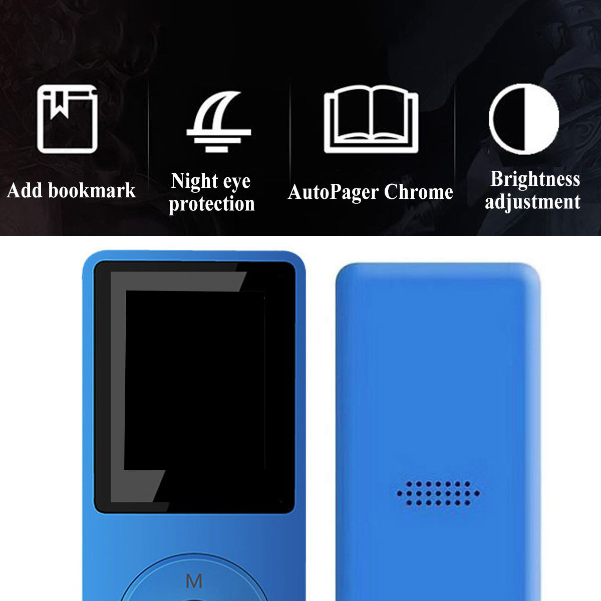 Ein MP3-Player mit schwarzem Bildschirm und Steuertasten. Vier Symbole darüber zeigen Funktionen wie Lesezeichen.