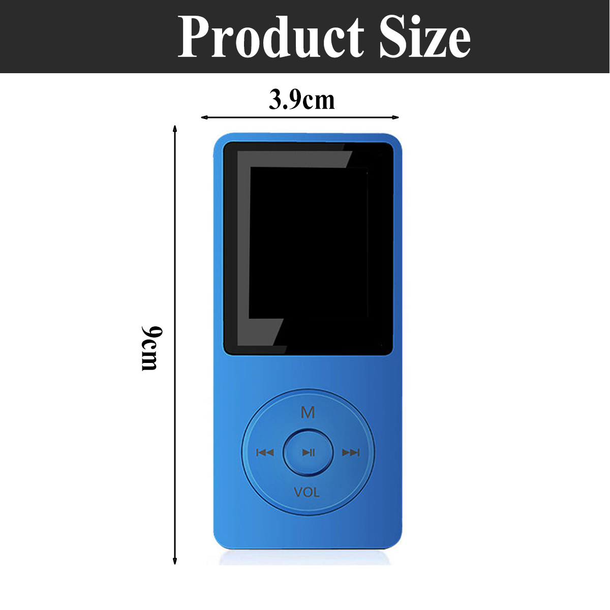 Ein blauer MP3-Player wird gezeigt. Er hat die Abmessungen 9 cm Höhe und 3,9 cm Breite.