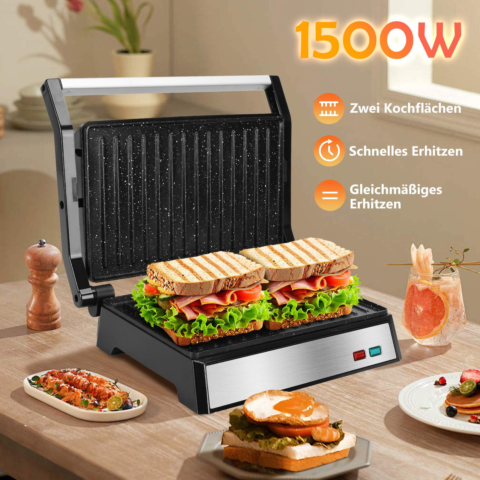 Ein Sandwichmaker mit zwei Sandwiches darin. Text auf Deutsch, zeigt zwei Kochbereiche.