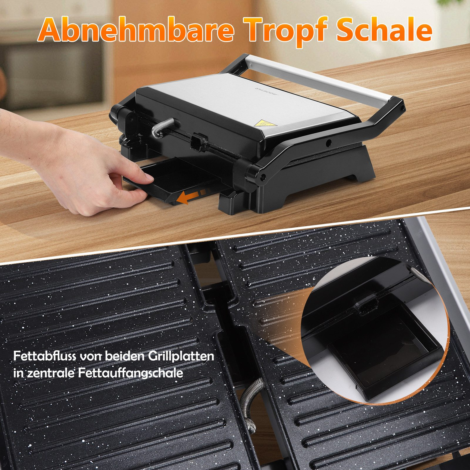 Eine Hand entfernt eine schwarze Tropfschale von einem geschlossenen Grill auf Holz.