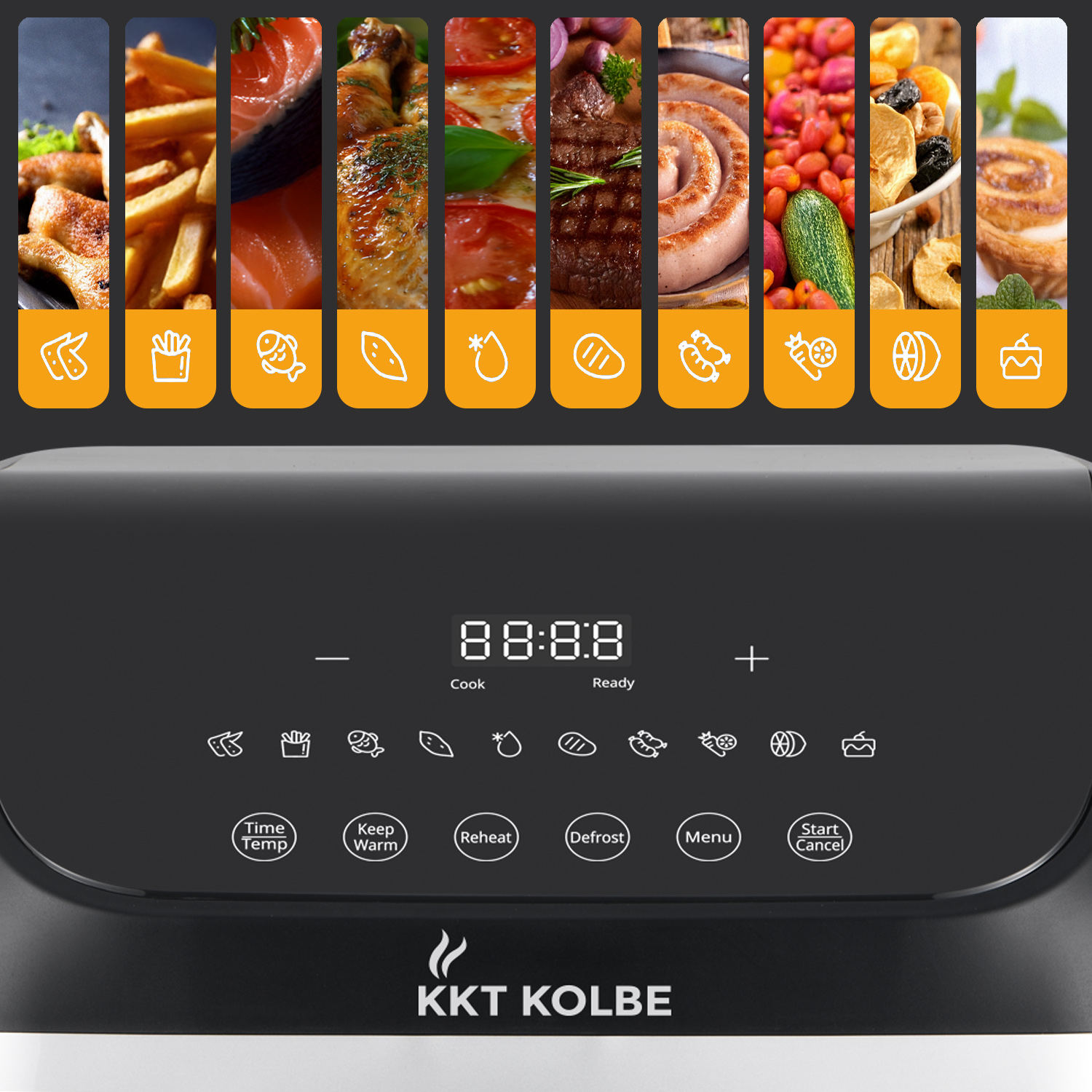 Ein Bedienfeld eines Heißluftfritteuse mit Digitalanzeige und verschiedenen Essenssymbolen. Der Markenname ist KKT KOLBE.