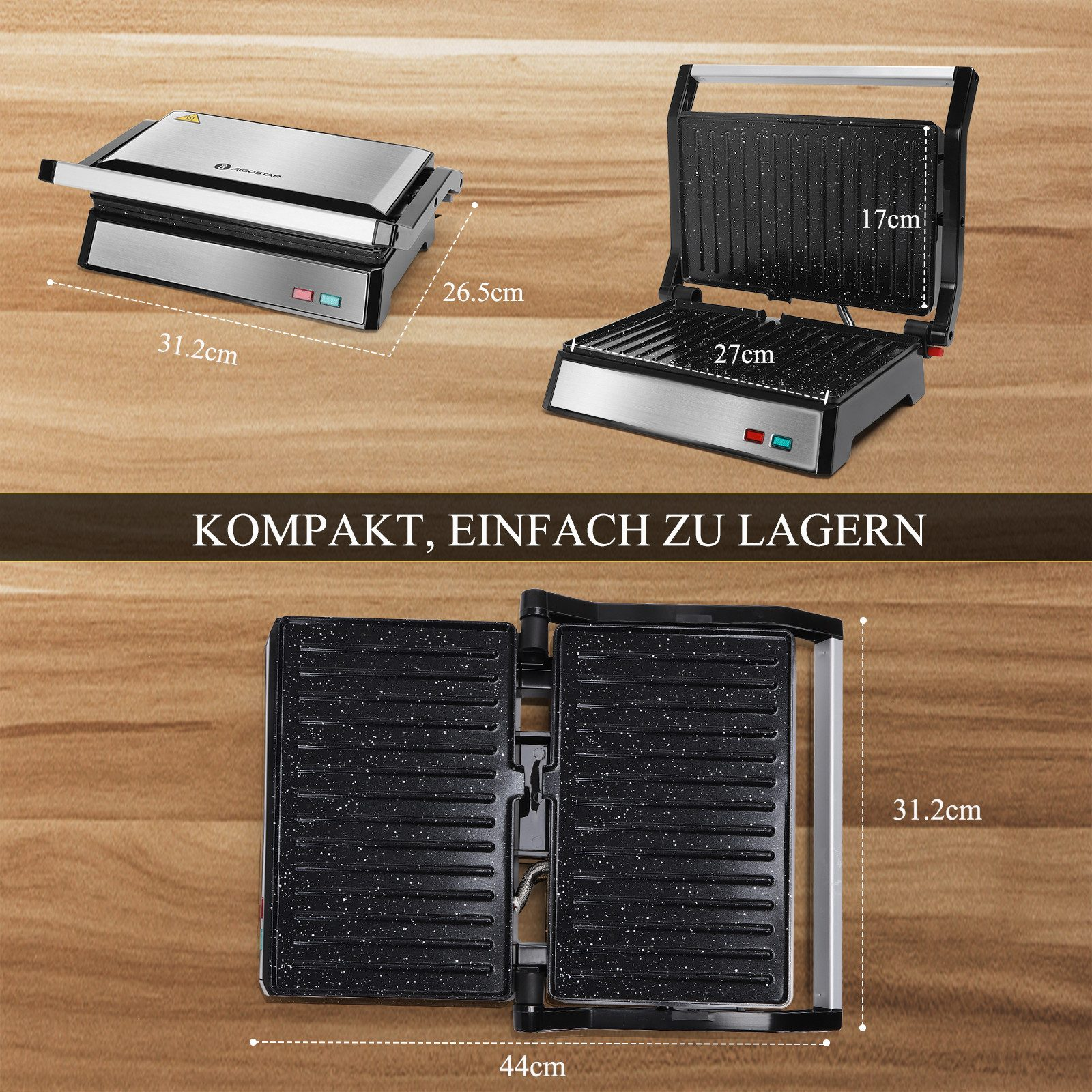 Ein schwarzer Grill, offen und geschlossen, mit angezeigten Abmessungen. Der Text 'KOMPAKT, EINFACH ZU LAGERN' ist vorhanden.