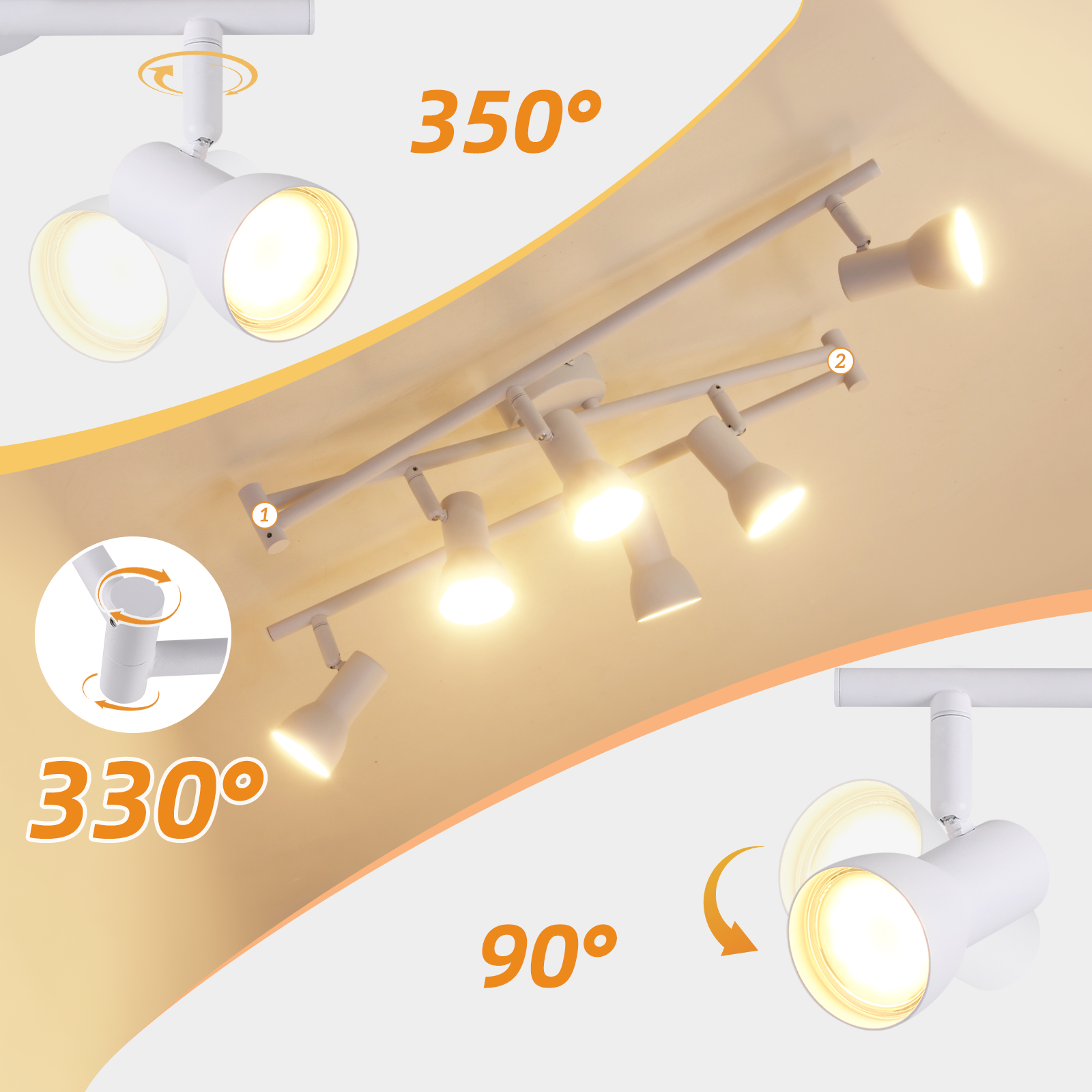Biały system oświetlenia szynowego z regulowanymi reflektorami pokazujący różne kąty ruchu.