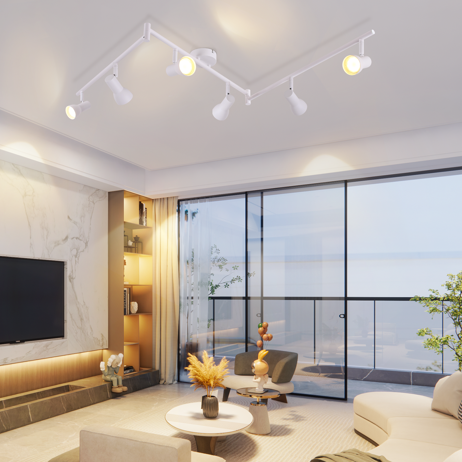 Nowoczesny salon z białym oświetleniem szynowym i dużymi oknami.