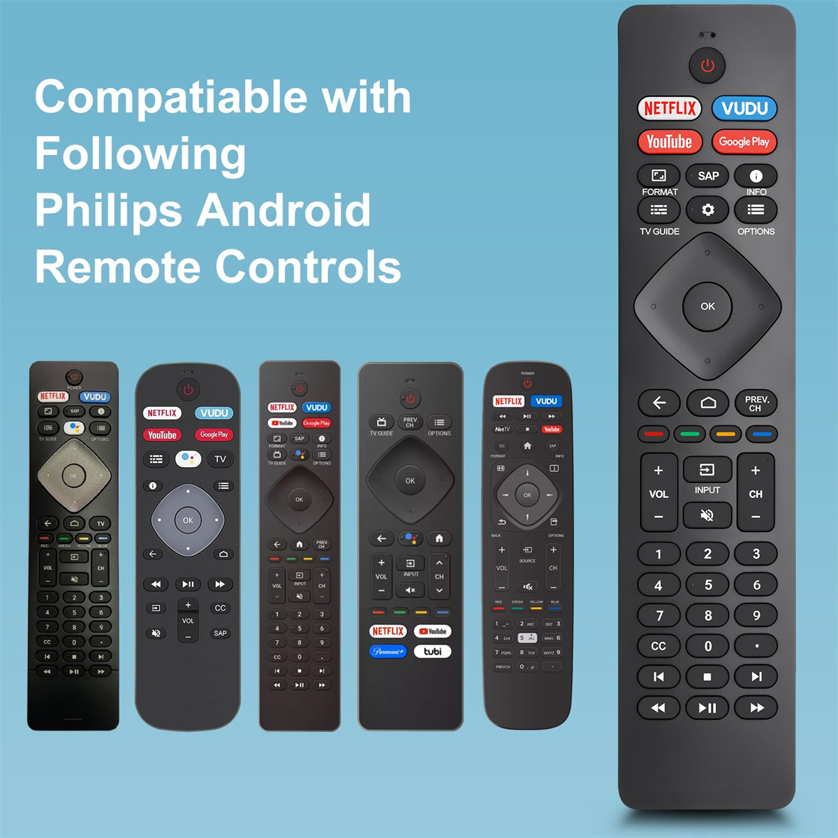 Eine Sammlung von Philips Android TV-Fernbedienungen, wobei der Fokus auf einer primären Fernbedienung mit Netflix- und YouTube-Tasten liegt.