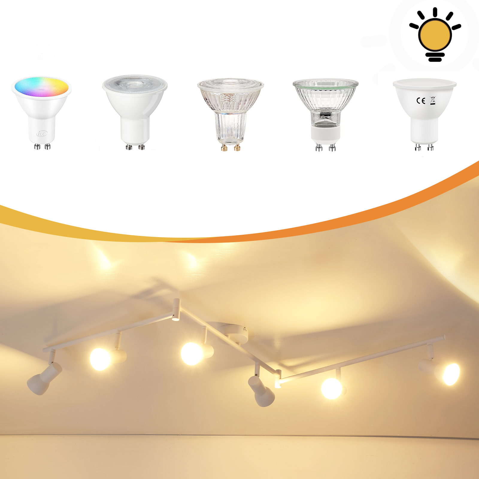 Białe oświetlenie szynowe z kilkoma żarówkami i różnymi rodzajami żarówek.