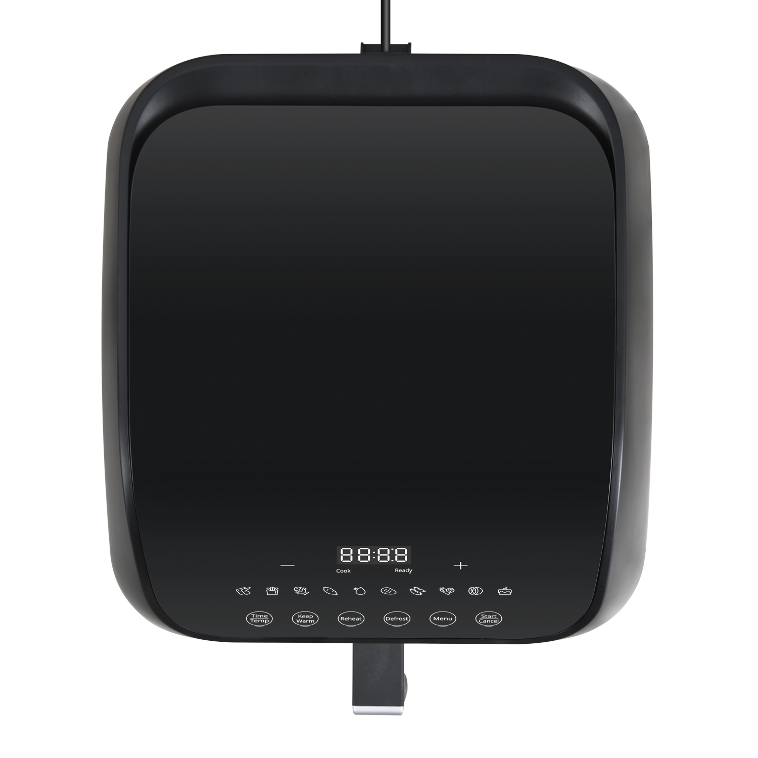 Schwarze Heißluftfritteuse mit Digitalanzeige. Die Oberfläche zeigt Zahlen und Symbole.