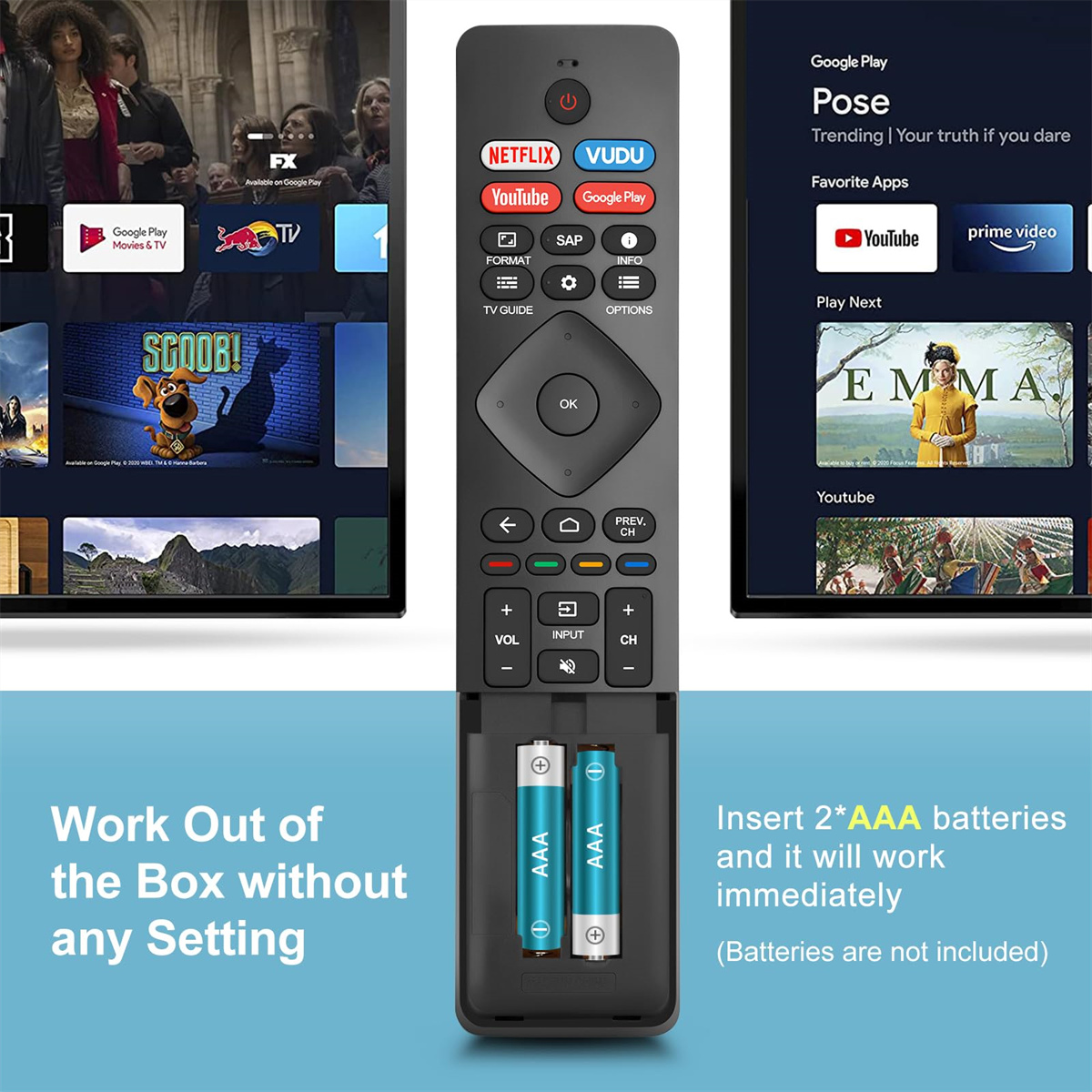 Eine Fernbedienung mit Netflix- und YouTube-Tasten, mit einem Fernsehbildschirm im Hintergrund. AAA-Batterien sind eingelegt.