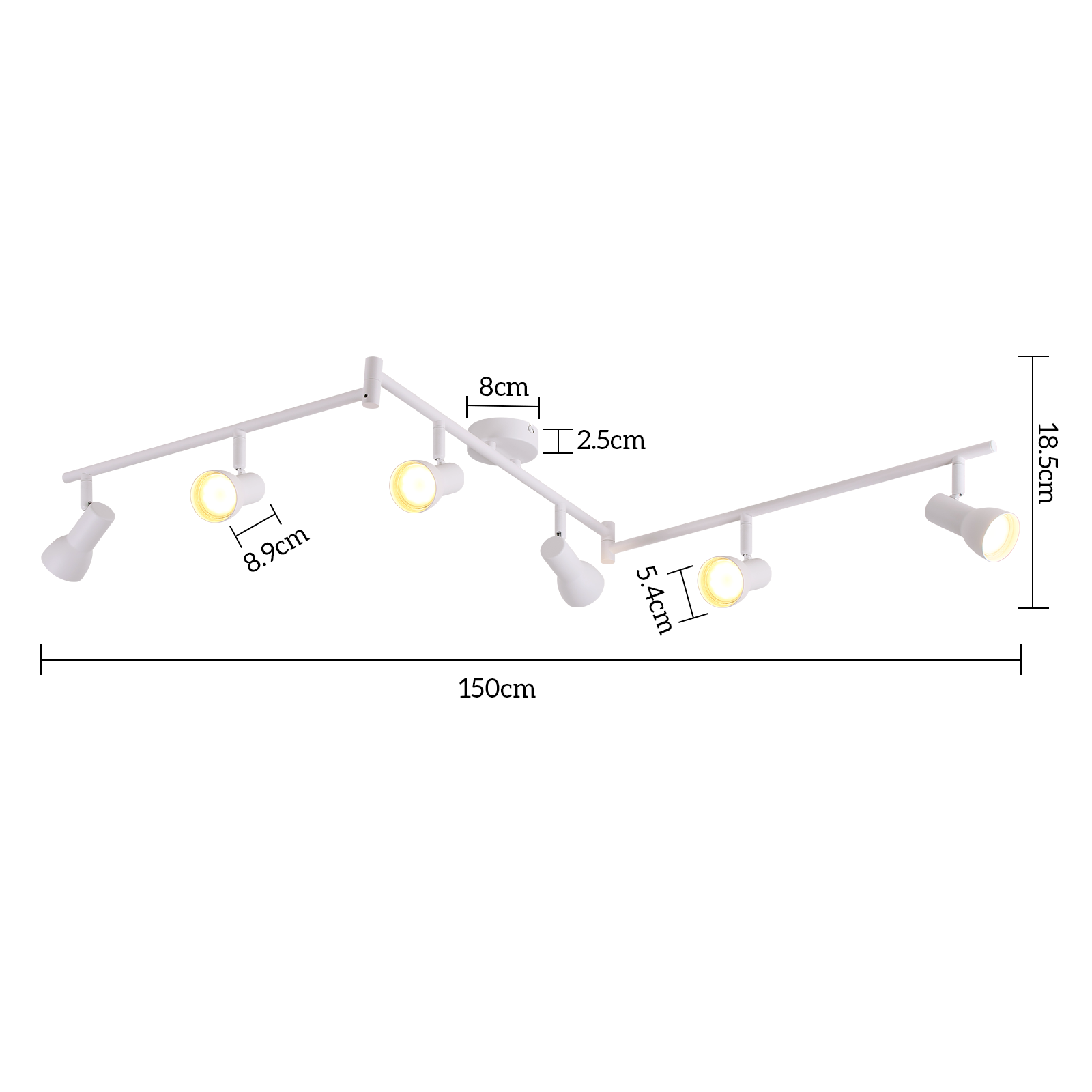 Apparecchio di illuminazione a binario bianco con dimensioni, su sfondo bianco.
