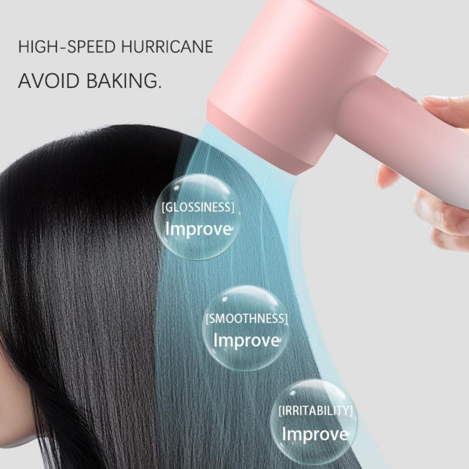 Haare werden mit einem rosa Haartrockner gestylt, mit Text, der die Verbesserung des Glanzes anzeigt.