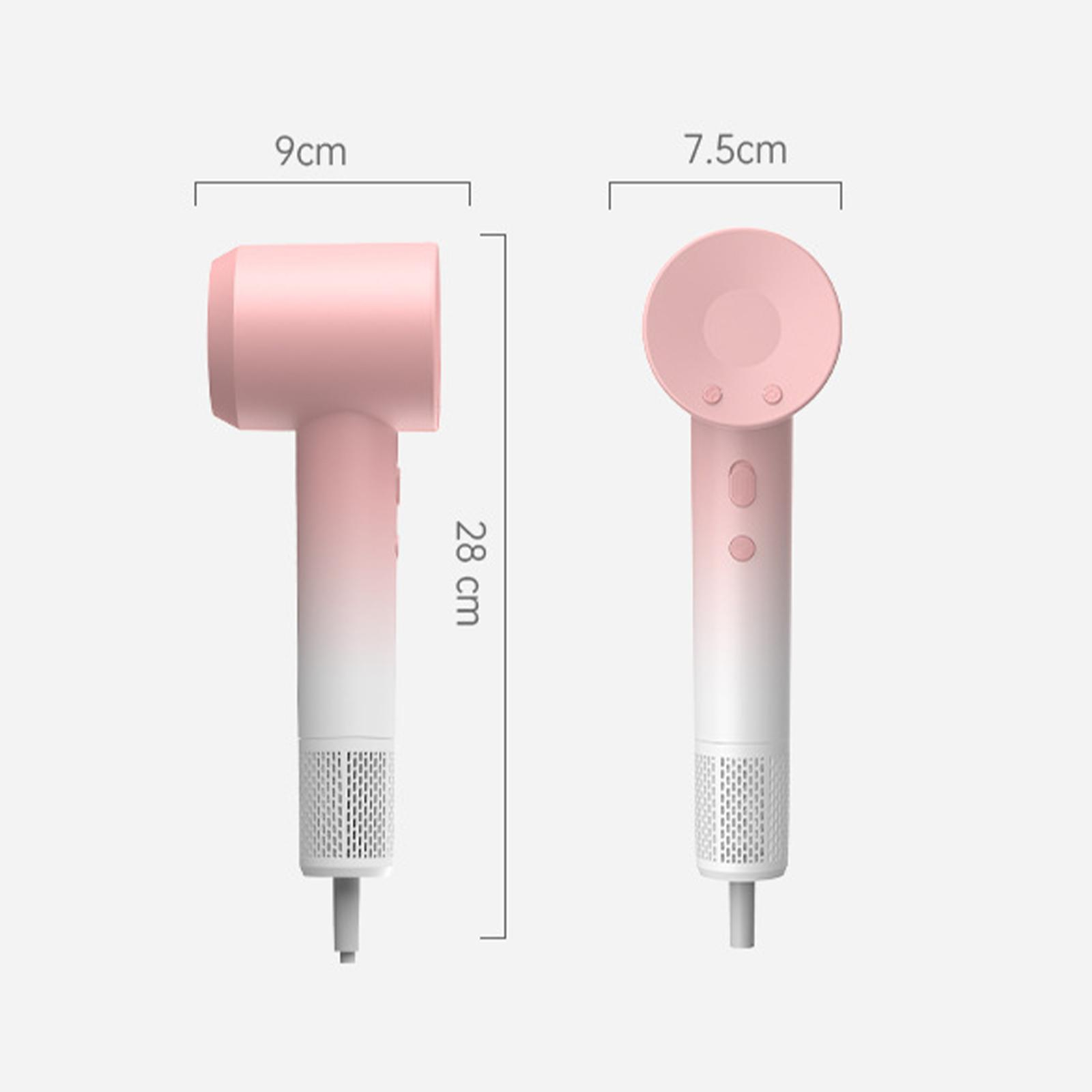 Zwei Ansichten eines rosa-weißen Haartrockners mit beschrifteten Abmessungen, 9 cm Kopf und 28 cm Länge.
