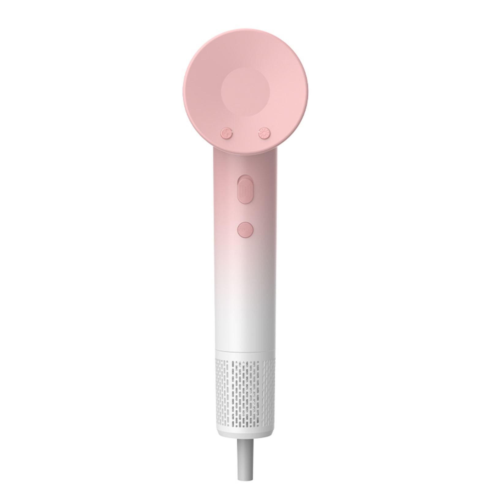 Ein rosa-weißer Haartrockner, von vorne gesehen. Es ist auf einem weißen Hintergrund isoliert.