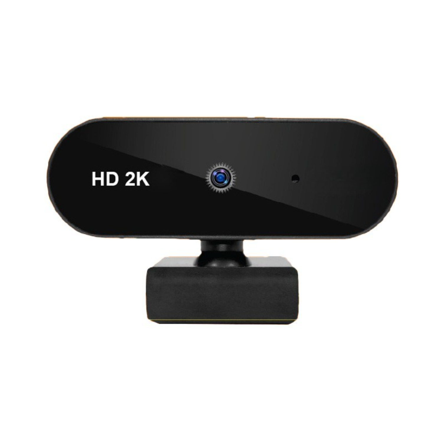 Eine schwarze HD 2K Webcam mit einer zentrierten Linse und einem Mikrofon vor einem weißen Hintergrund.
