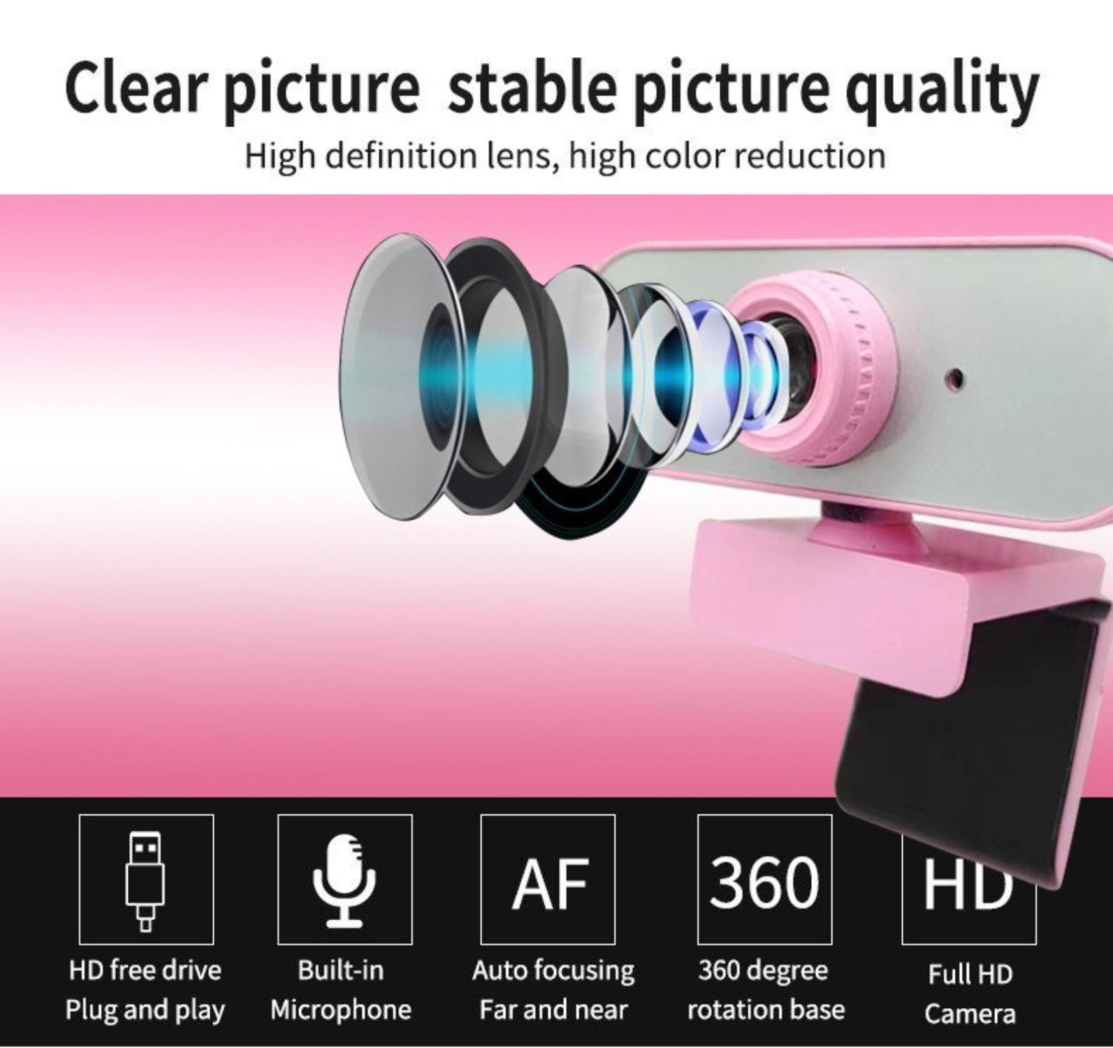 Eine rosa-graue Webcam mit Objektiv, Mikrofon und 360-Grad-Drehfuß auf rosafarbenem Hintergrund.