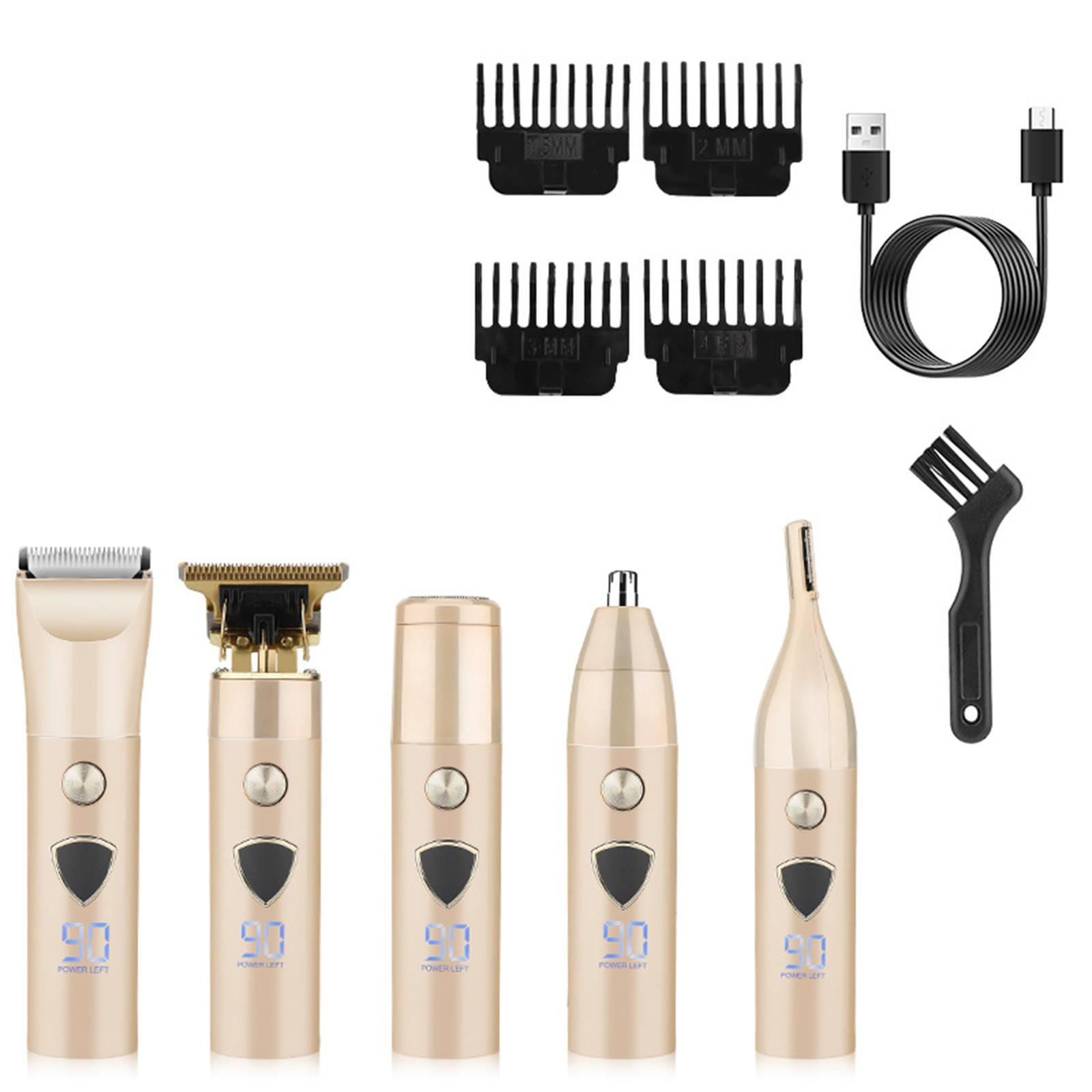 Ein Set goldener Pflegewerkzeuge, darunter Trimmer, Nasenhaarentferner und Bürste, vor weißem Hintergrund.