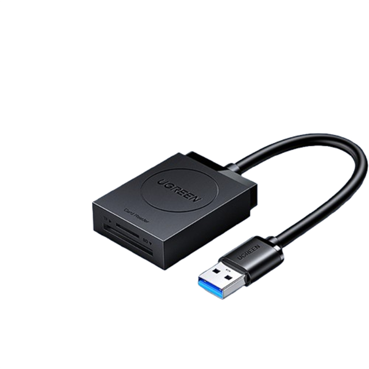 Schwarzer UGREEN Kartenleser mit USB-Anschluss und schwarzem Kabel.