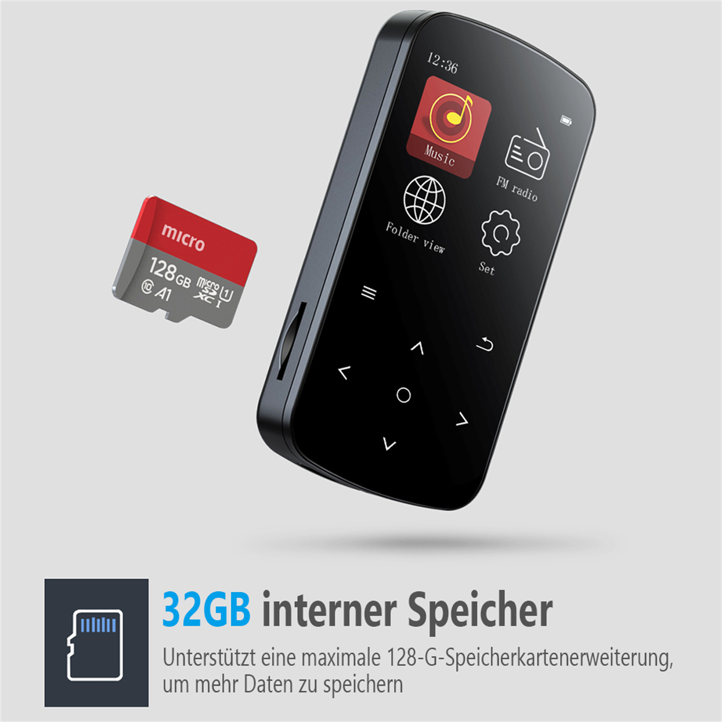 Schwarzer MP3-Player mit roter SD-Karte. Der Bildschirm zeigt Musikfunktionen.