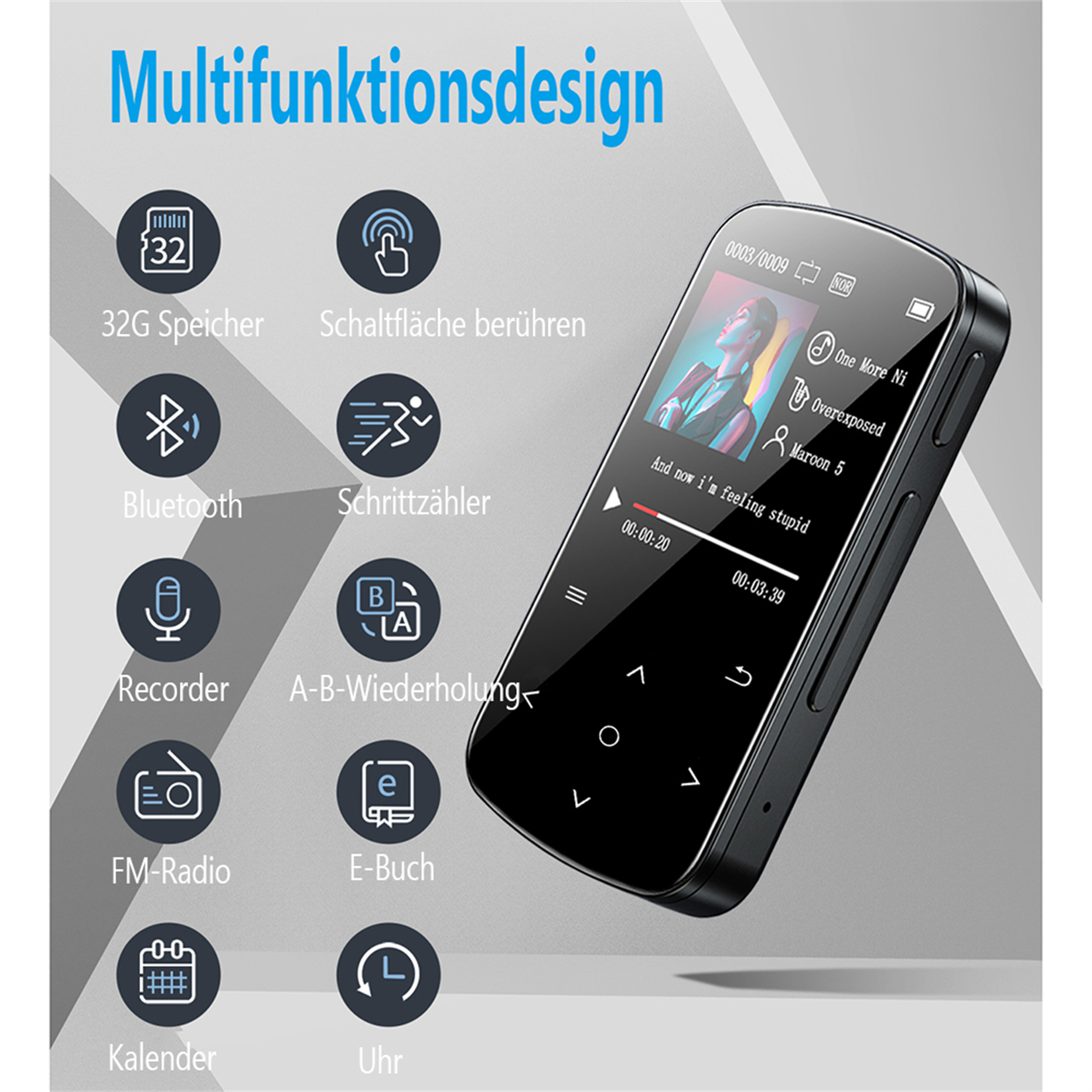 Schwarzer MP3-Player mit verschiedenen Symbolen für Musik, UKW-Radio und Einstellungen.