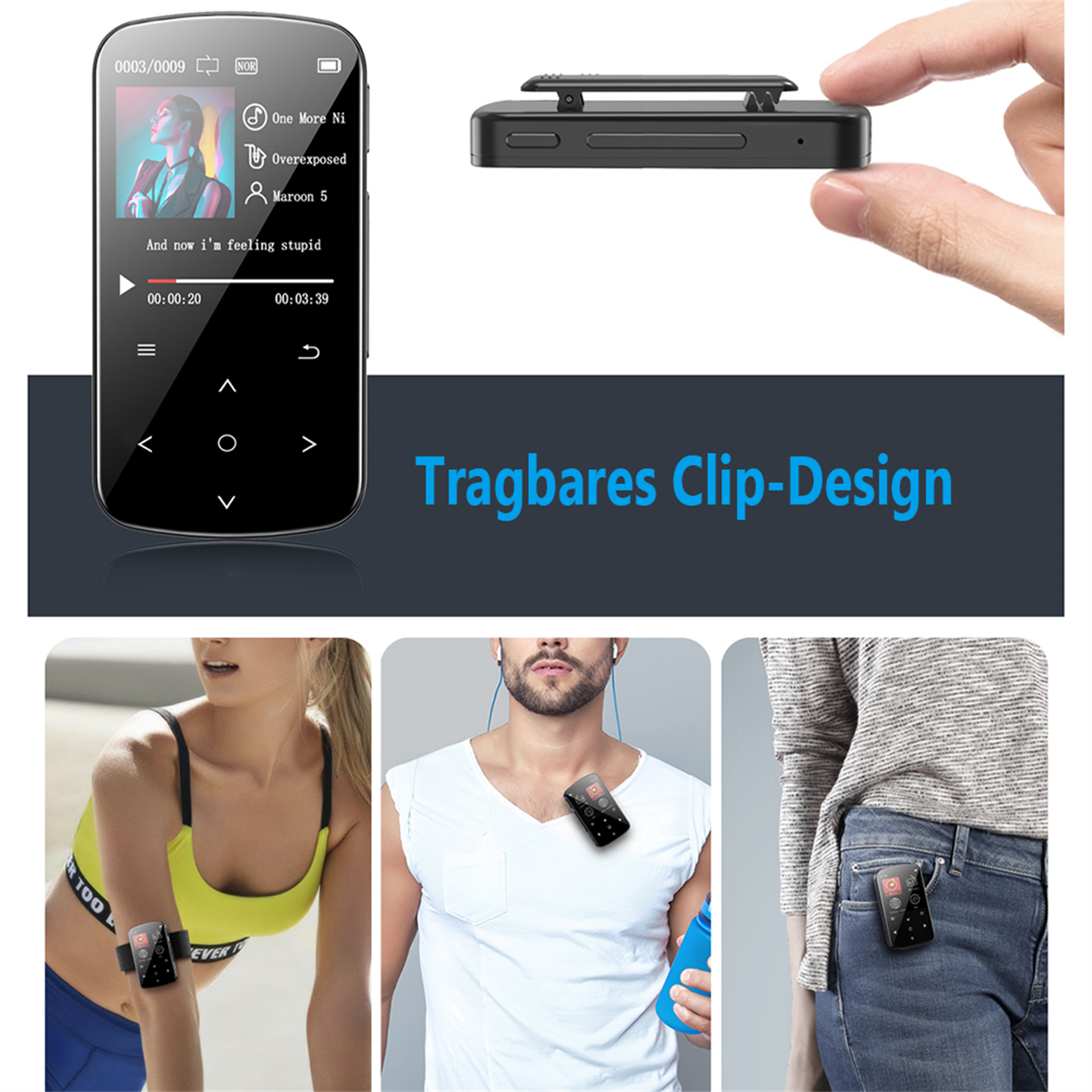 Schwarzer MP3-Player. Kann an Kleidung befestigt werden. Personen mit dem Player werden gezeigt.