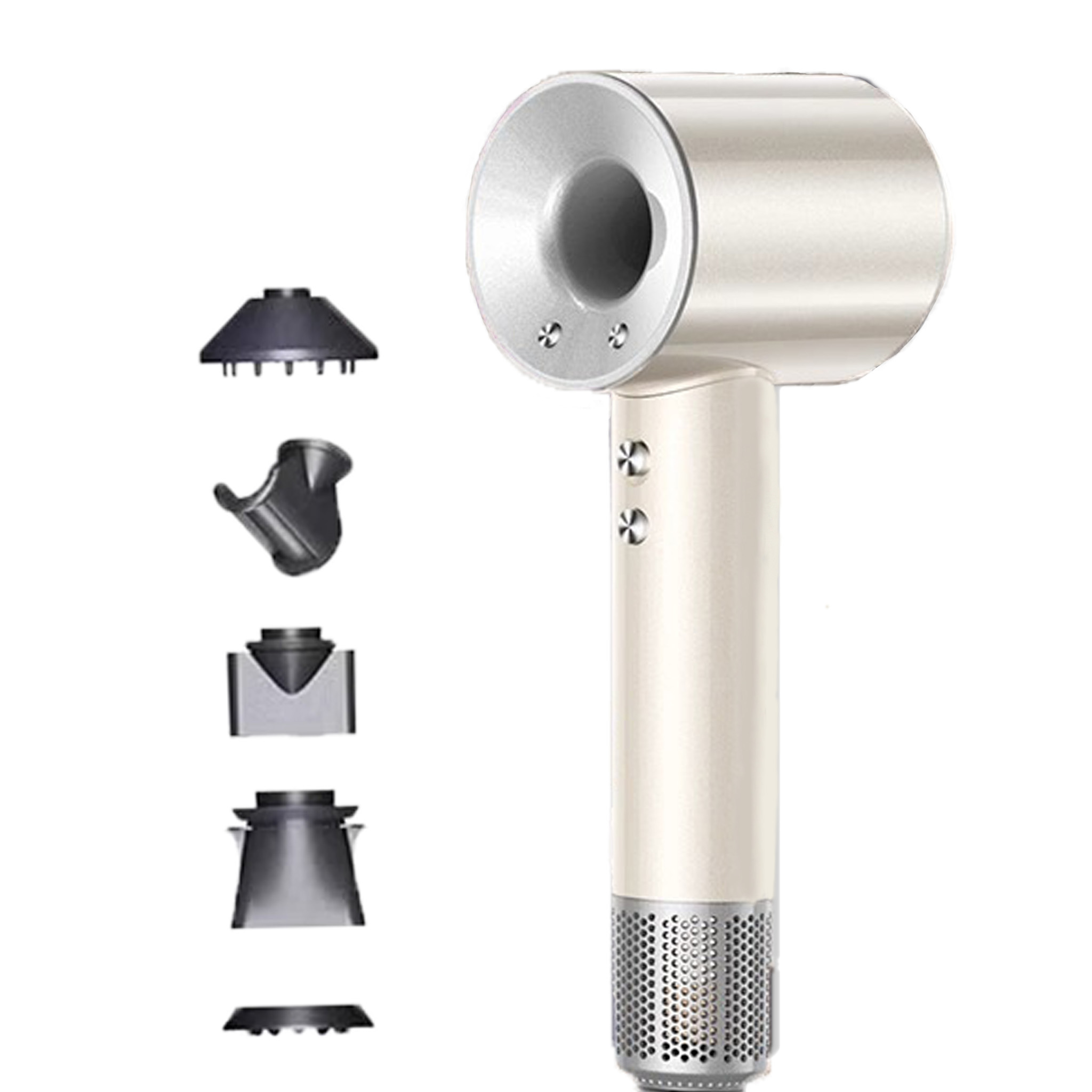 Silber-weißer Haartrockner mit Aufsätzen. Der Trockner hat einen Griff und eine Düse.