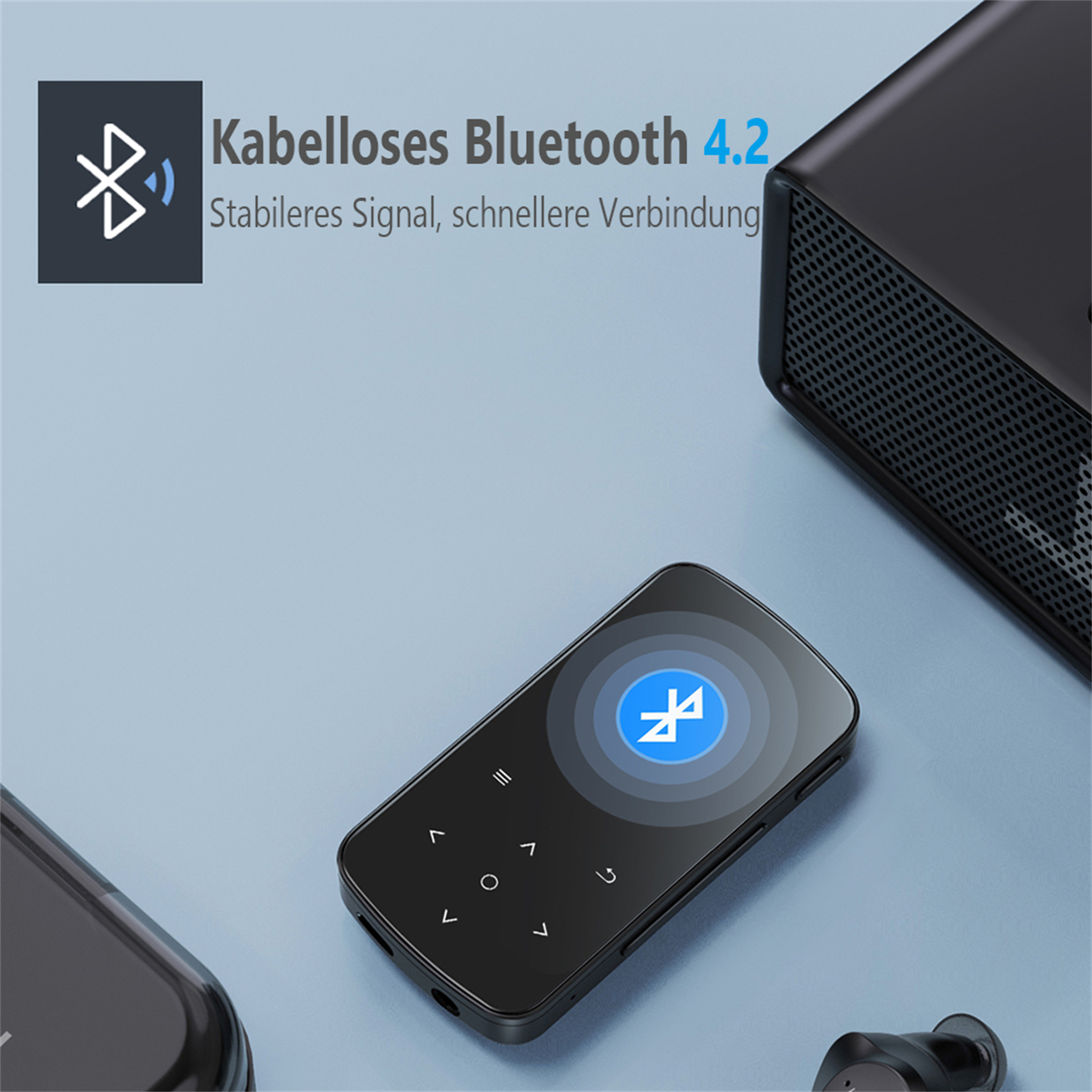 Schwarzer MP3-Player und drahtloses Bluetooth-Symbol. Ein Paar Ohrhörer ist ebenfalls sichtbar.