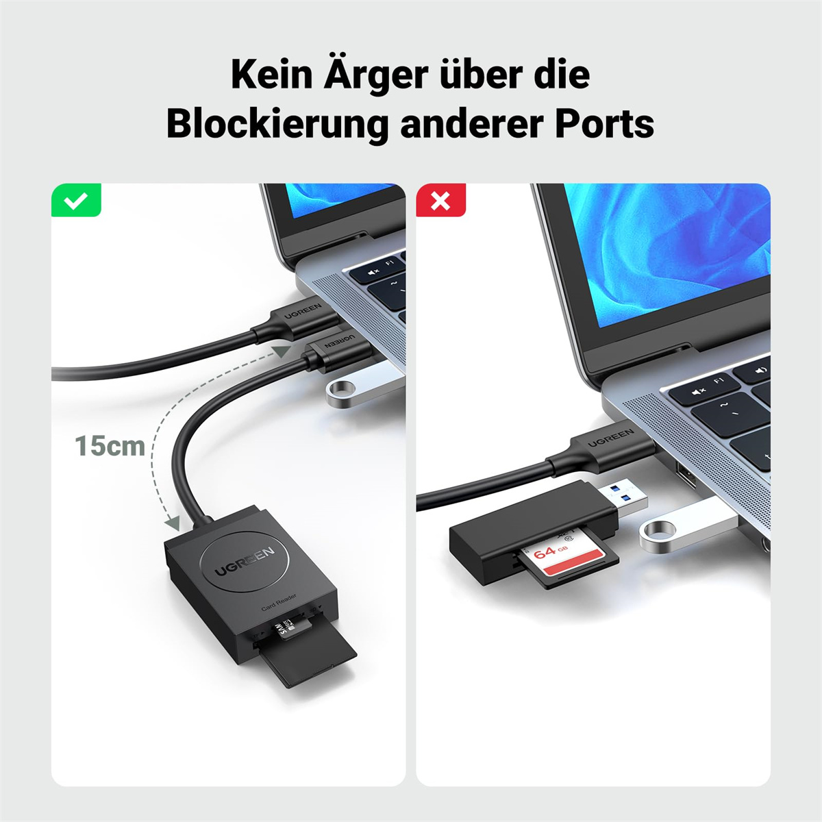 UGREEN-Kartenleser an Laptop und USB-Anschluss angeschlossen. Eine Karte ist eingesetzt.